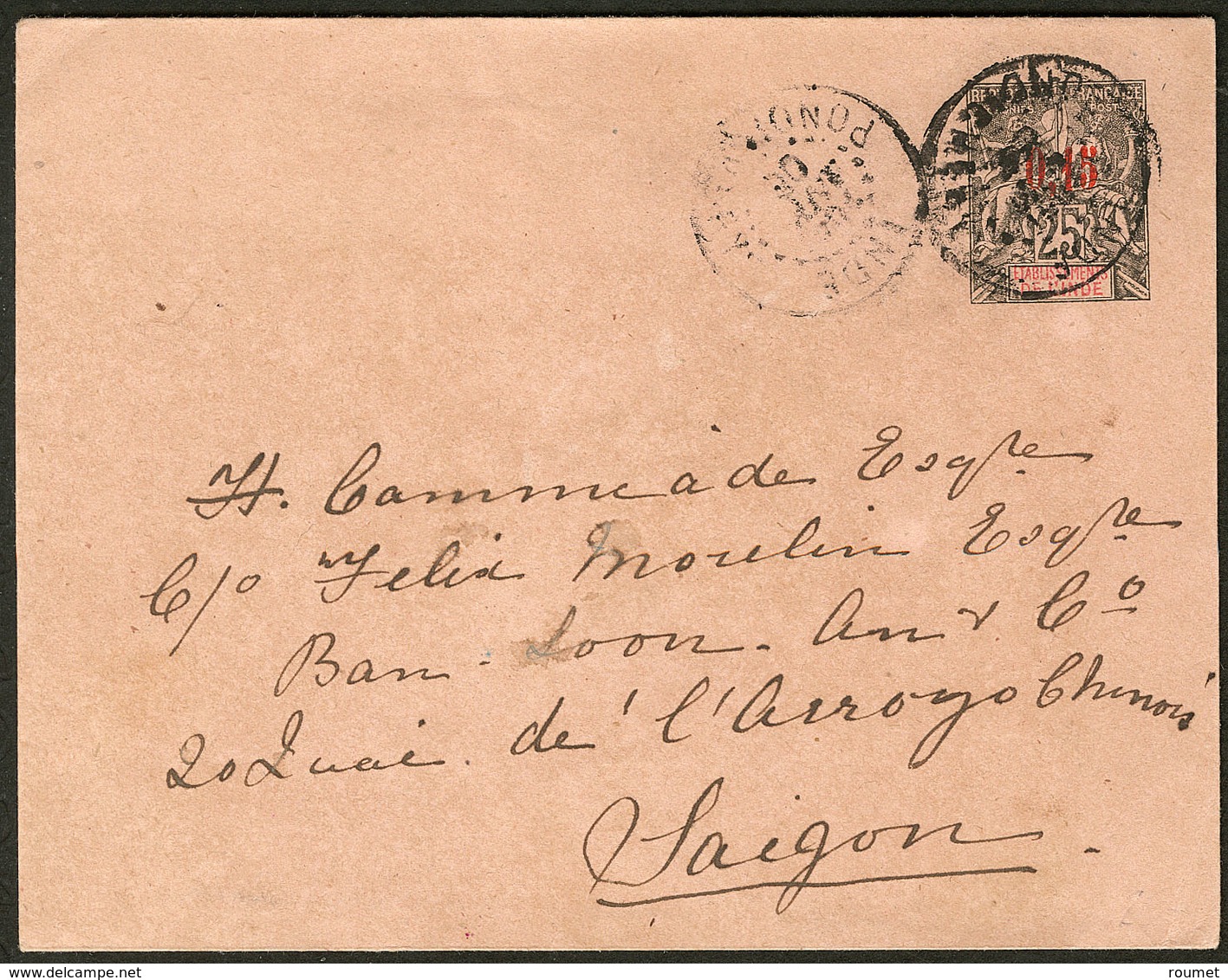 Lettre Enveloppe Entier (N°22), Obl Cad Pondichéry Janv 1904, Pour Saïgon. - TB - Autres & Non Classés