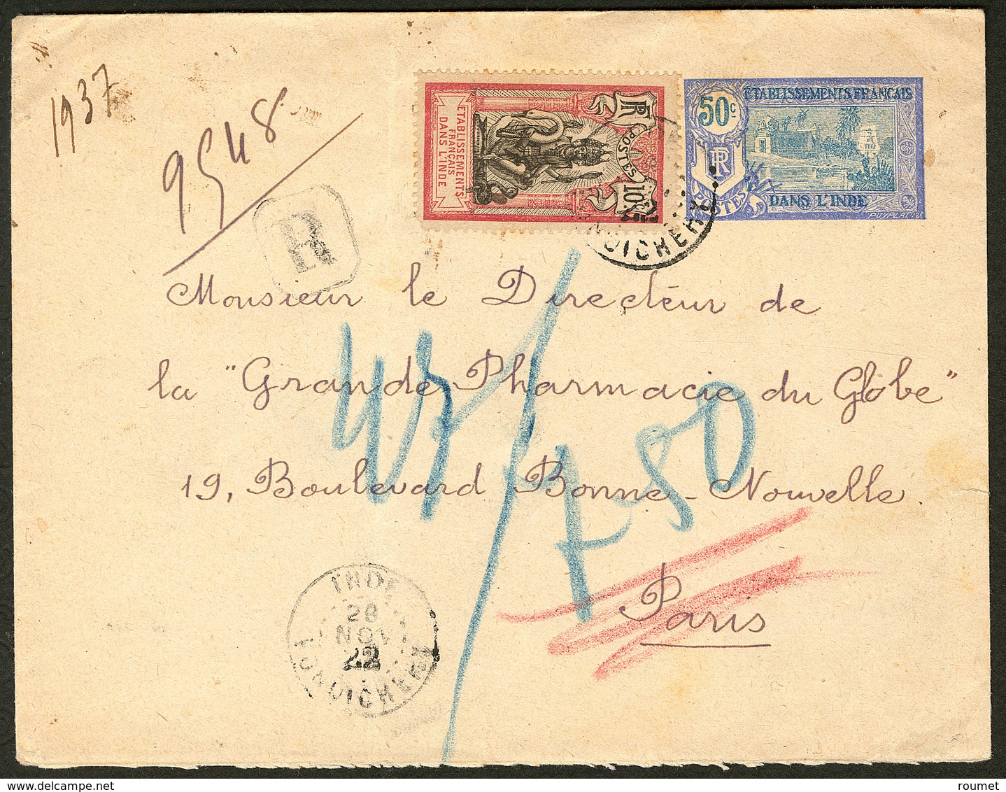 Lettre Enveloppe Entier (N°54) + Poste 30, Obl Cad Nov 1922 Recommandée Pour Paris. - TB - Autres & Non Classés