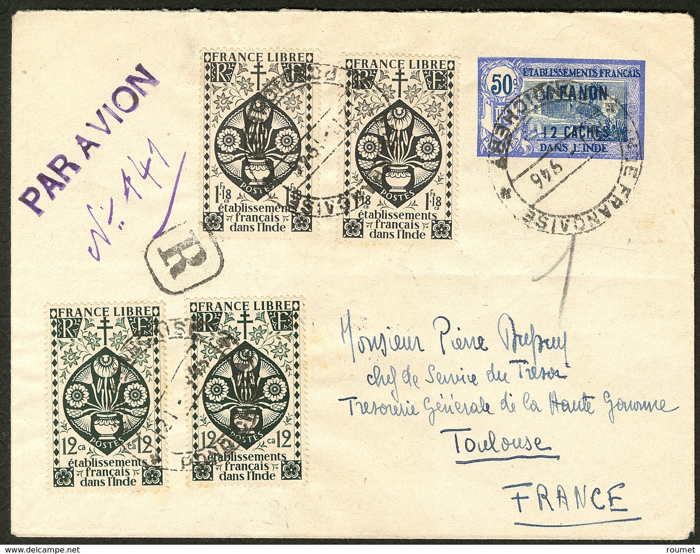 Lettre Enveloppe Entier (N°70) + 221(2) + 225(2), Recommandée, Obl Pondichéry 1945 Pour Toulouse. - TB - Other & Unclassified