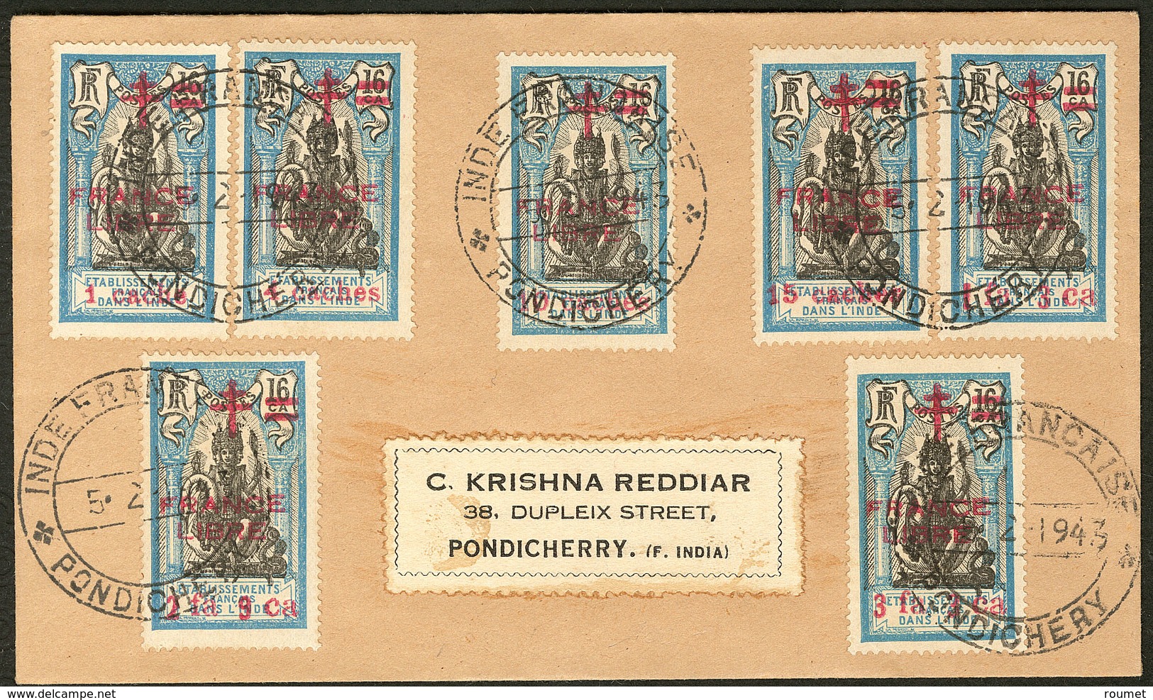 Lettre France-Libre. Nos 184 à 190, Obl Cad Pondichéry 5.2.43 Sur Enveloppe Locale. - TB - Autres & Non Classés