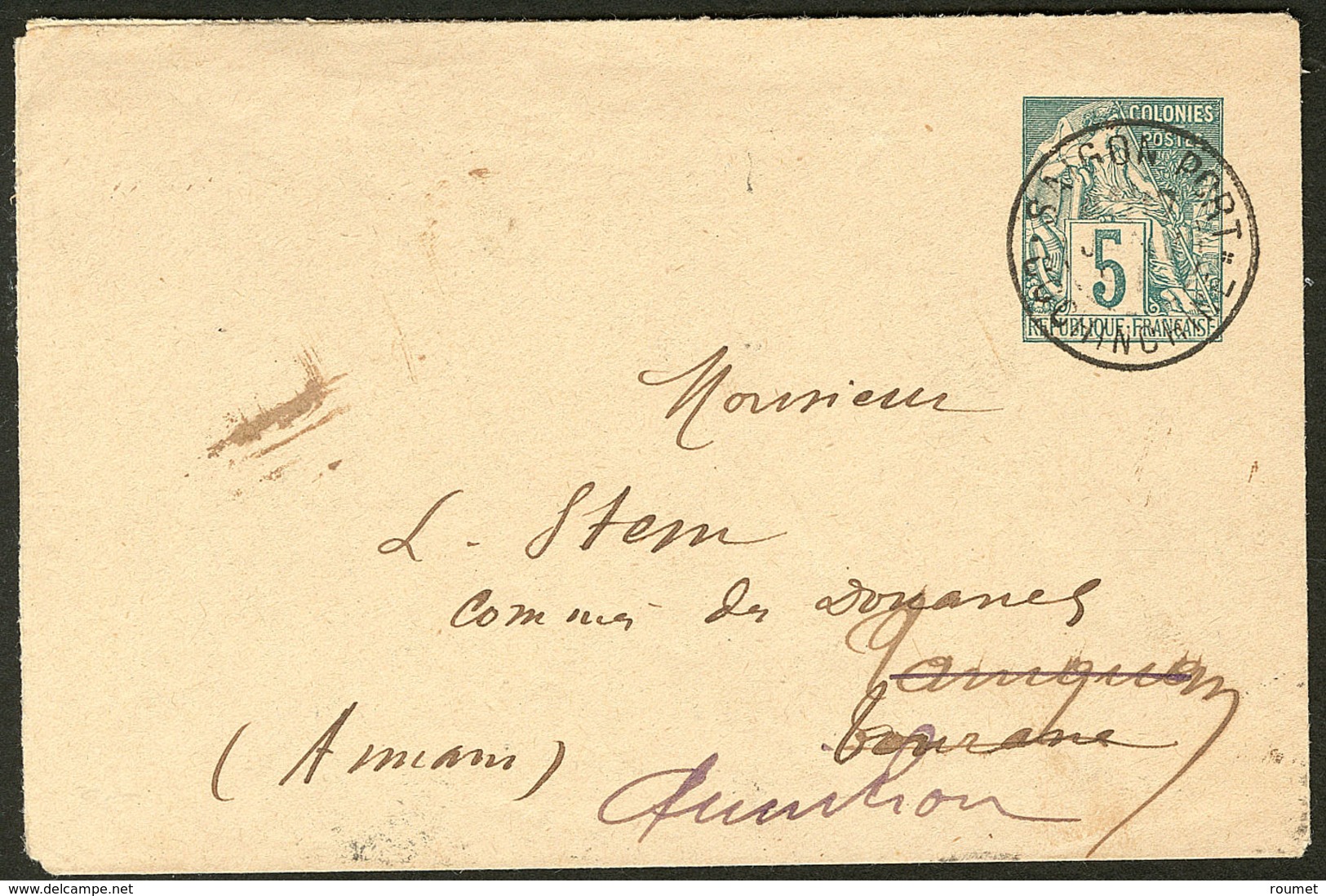 Lettre Précurseurs. Enveloppe Entier 5c Vert (CG 49), Obl Cad Saïgon-Port Fév 91, Pour Bungson Annam Et Réexpédiée. - TB - Autres & Non Classés