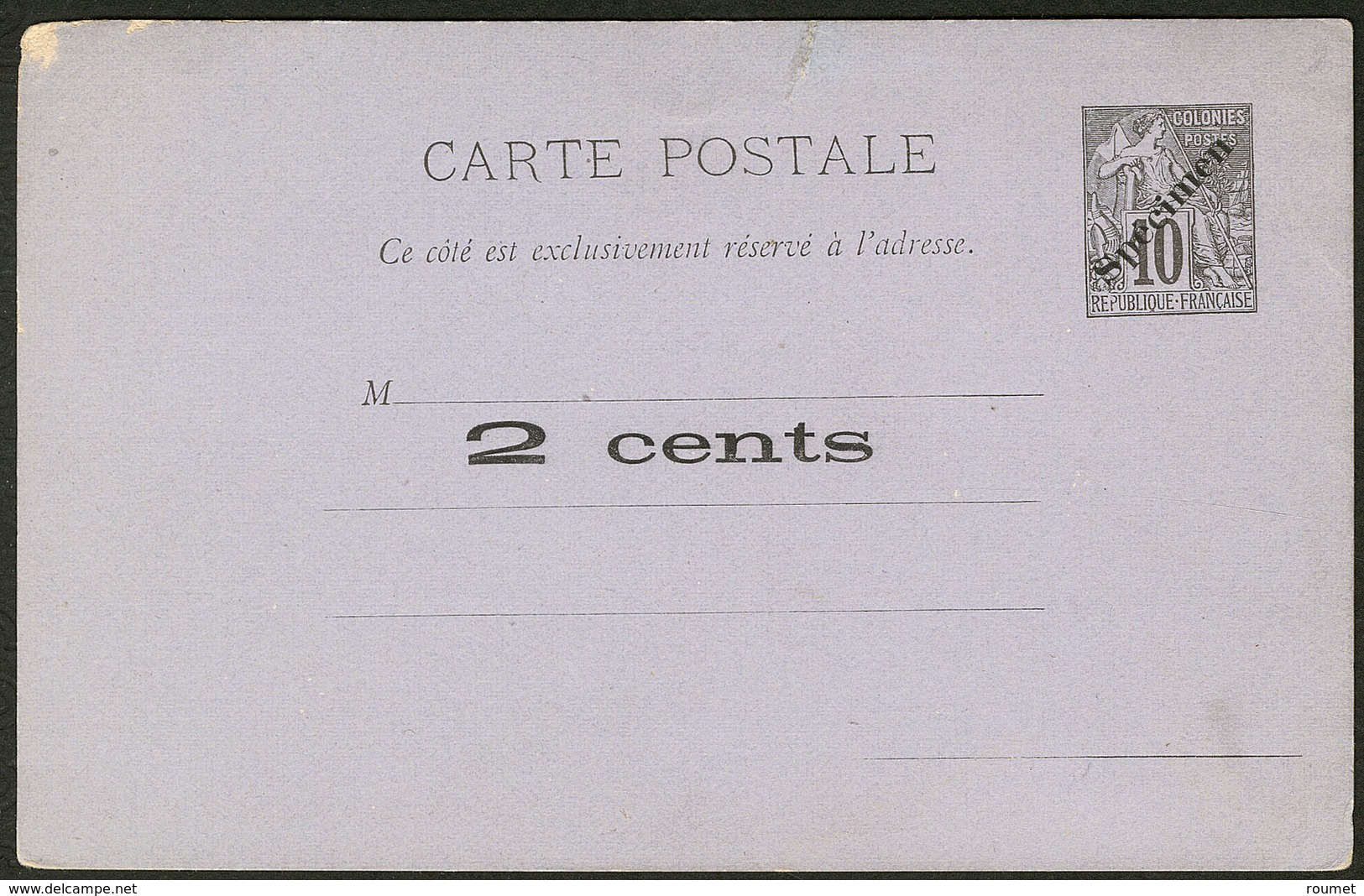 Lettre Précurseurs. CP Entier 10c Noir (CG 50) Surchargé "SPECIMEN" Et Valeur "2 Cents", Affichée Dans Les Bureaux De Po - Other & Unclassified