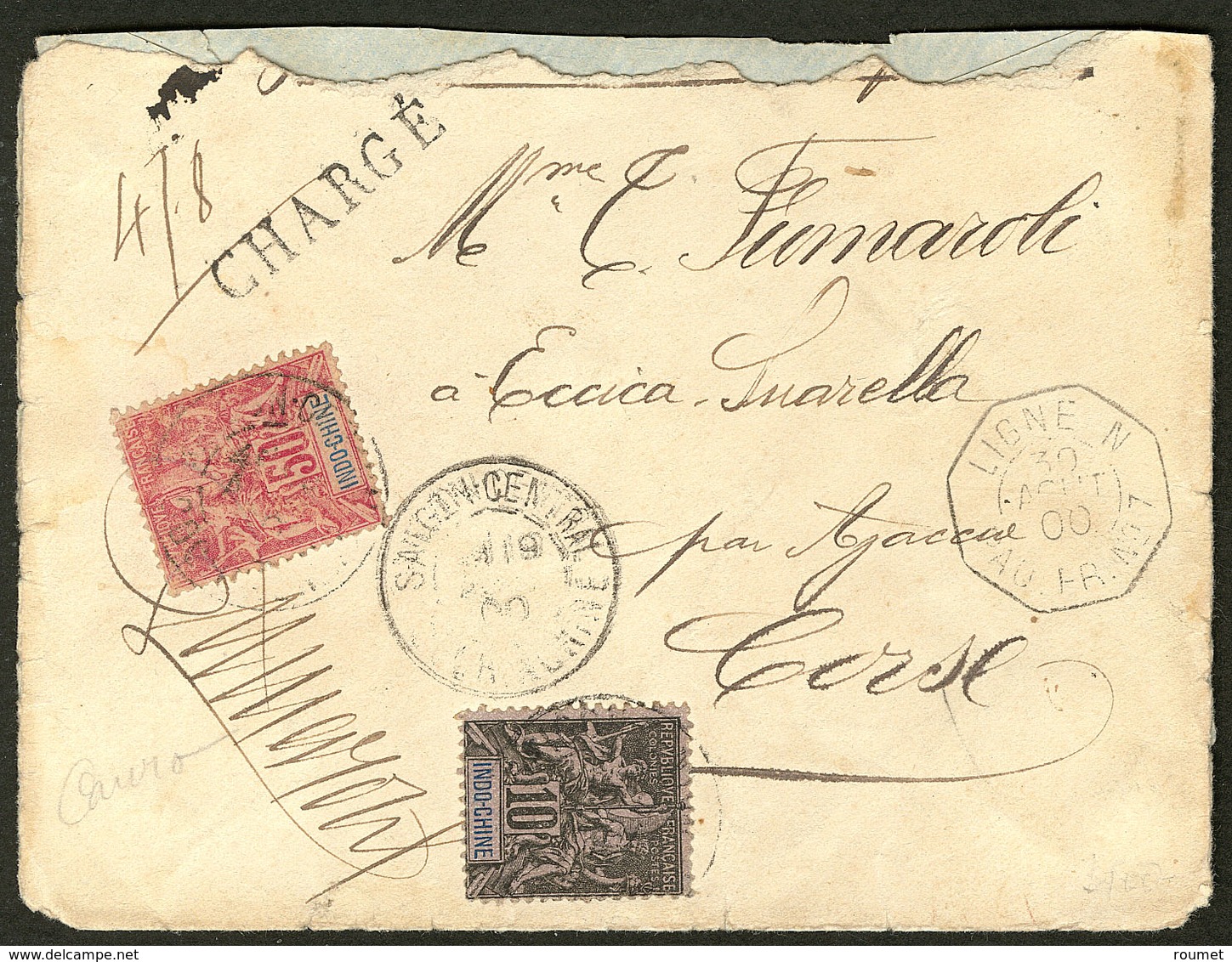 Lettre Nos 7 + 13, Obl Cad Saïgon Central Août 1900 Sur Enveloppe Chargée Pour La Corse. - TB - Other & Unclassified