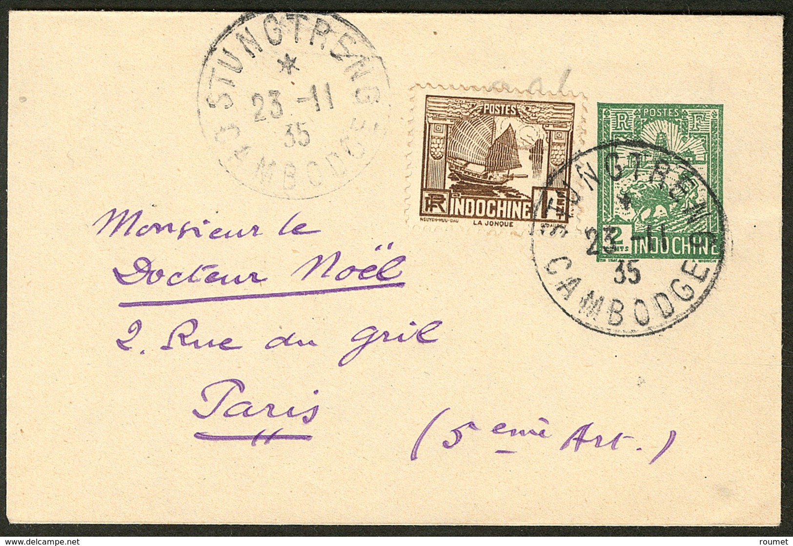 Lettre Enveloppe Entier 2c (N°128) + 155, Obl Cad Stungtreng Cambodge Nov 35 Pour Paris. - TB - Other & Unclassified