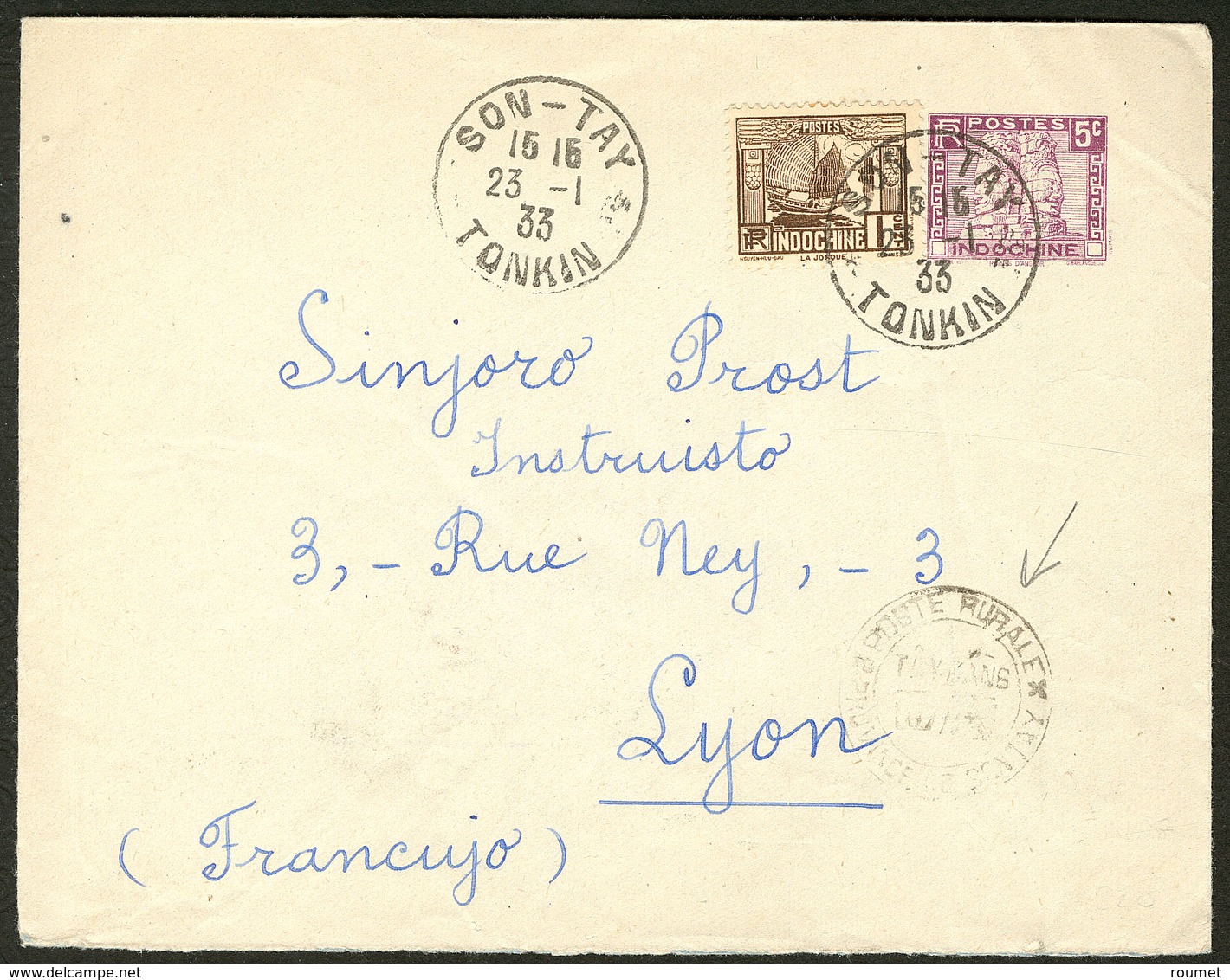 Lettre Nos 155 + 159, Obl Cad Son-Tay 23.1.33 + Cad Poste Rurale, Sur Enveloppe Pour Lyon. - TB - Other & Unclassified