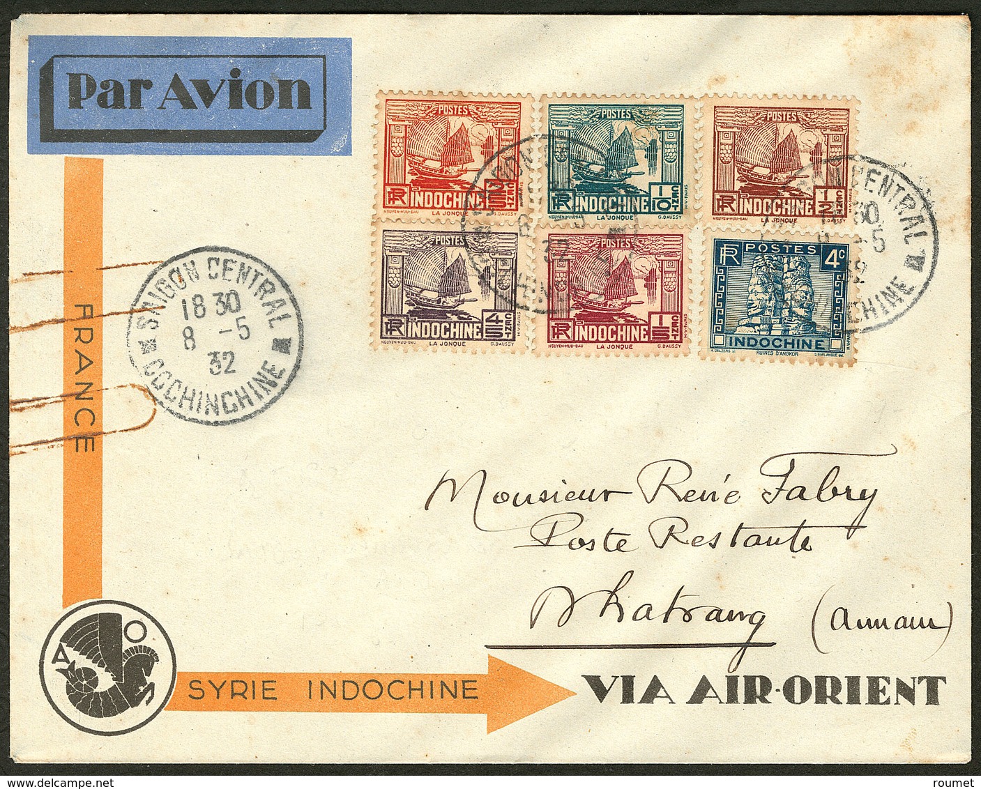 Lettre Poste Aérienne. Vol Spécial Saïgon-Nhatrang Mai 32 Par Nogues. Enveloppe Air-Orient Afft N°150 à 154 + 158. - TB - Autres & Non Classés