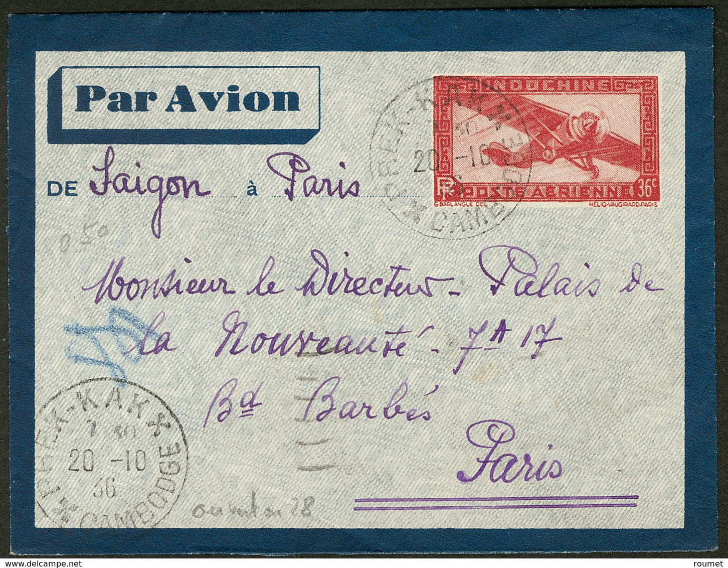 Lettre Poste Aérienne. Enveloppe Entier 36c (PA 8) Obl Prek-Kak Cambodge Oct 36, Pour Paris. - TB - Autres & Non Classés