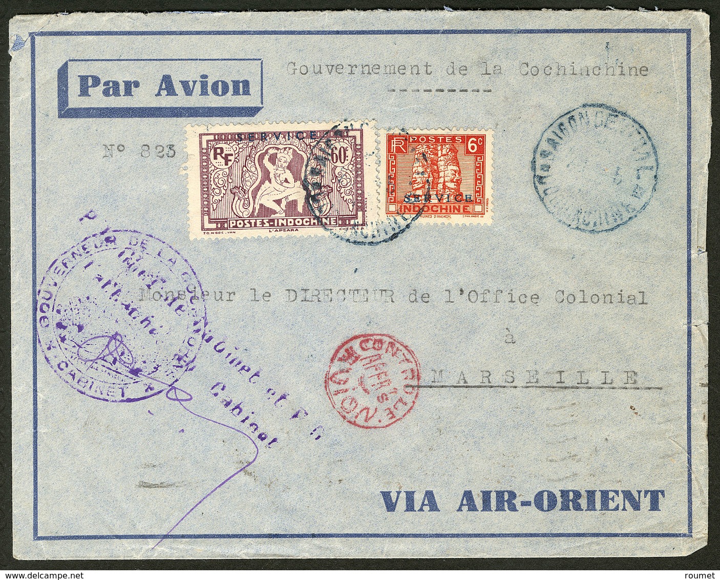 Lettre Service. Nos 6 + 14 Obl Cad Bleu Saïgon 1933 Sur Enveloppe Avec Cachet Gvt De La Cochinchine, Pour Marseille. - T - Other & Unclassified