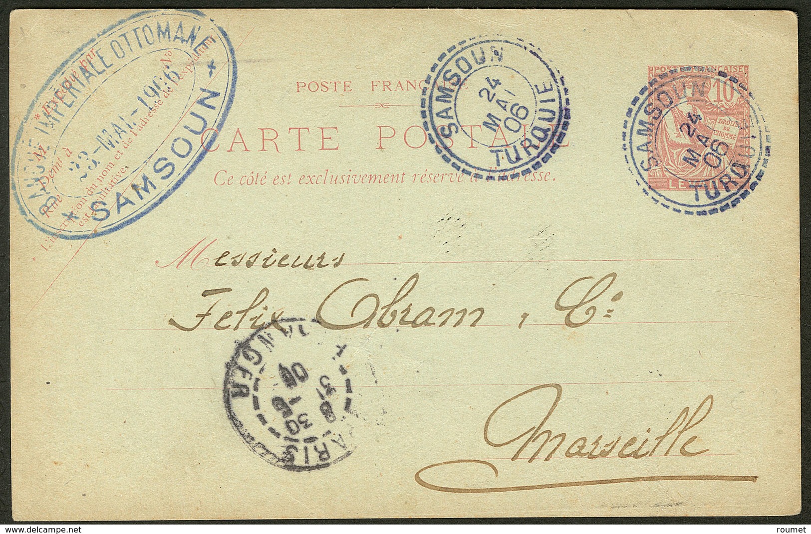 Lettre CP Entier 10c (N°14) Obl Cad Violet Samsoun Mai 1906, Pour Marseille. - TB - Autres & Non Classés