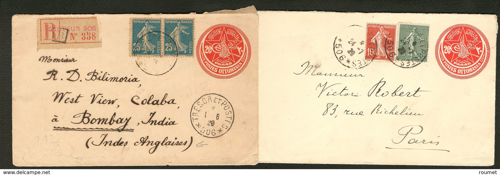 Lettre Entier Postal Postes Ottomanes 20pa. Deux Enveloppes Avec Complément D'afft France, Dont Une Recomm. - TB - Other & Unclassified