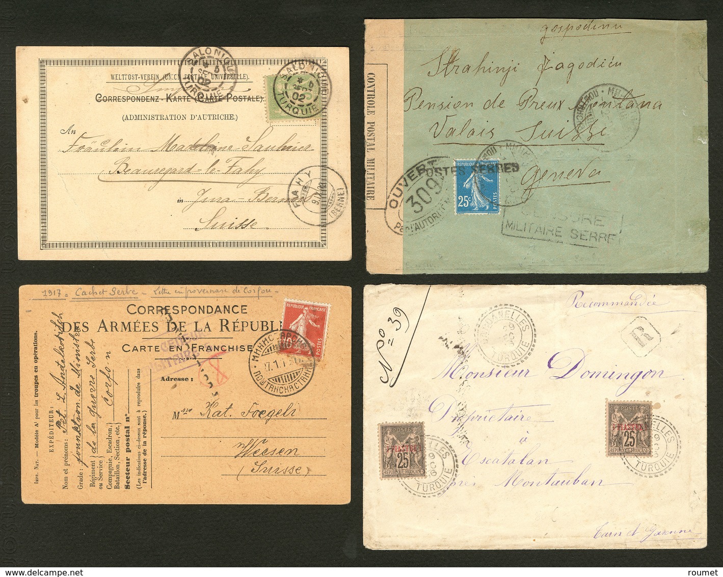 Lettre Lot. 1896-1915, 4 Enveloppes Affts Et Bureaux Divers Dont Salonique, Dardanelles, Corfou (poste Serbe (2)). - TB - Other & Unclassified