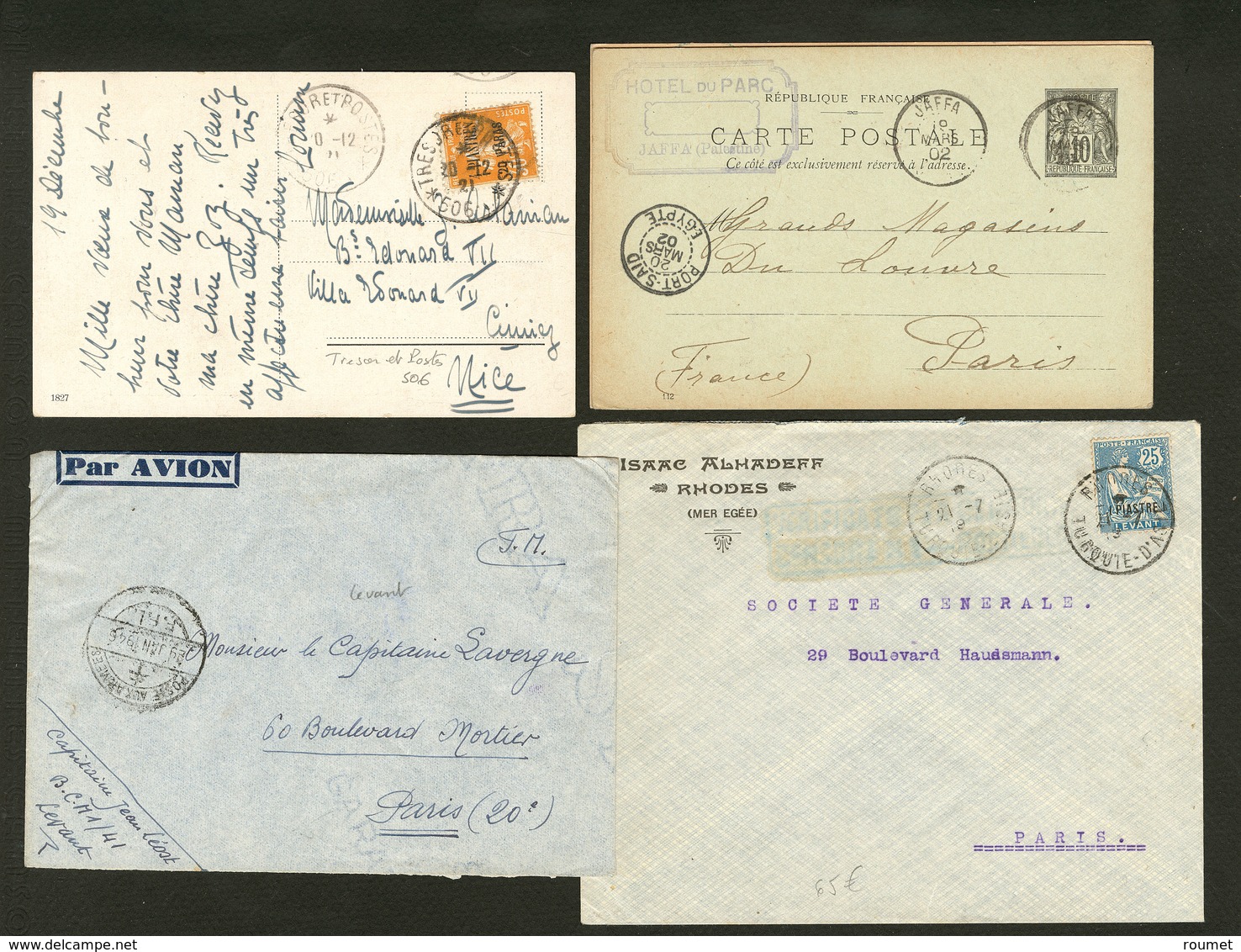 Lettre Lot. 1902-1946, Cinq Enveloppes Affts Divers Dont Jaffa, Rhodes Et Smyrne. - TB - Autres & Non Classés