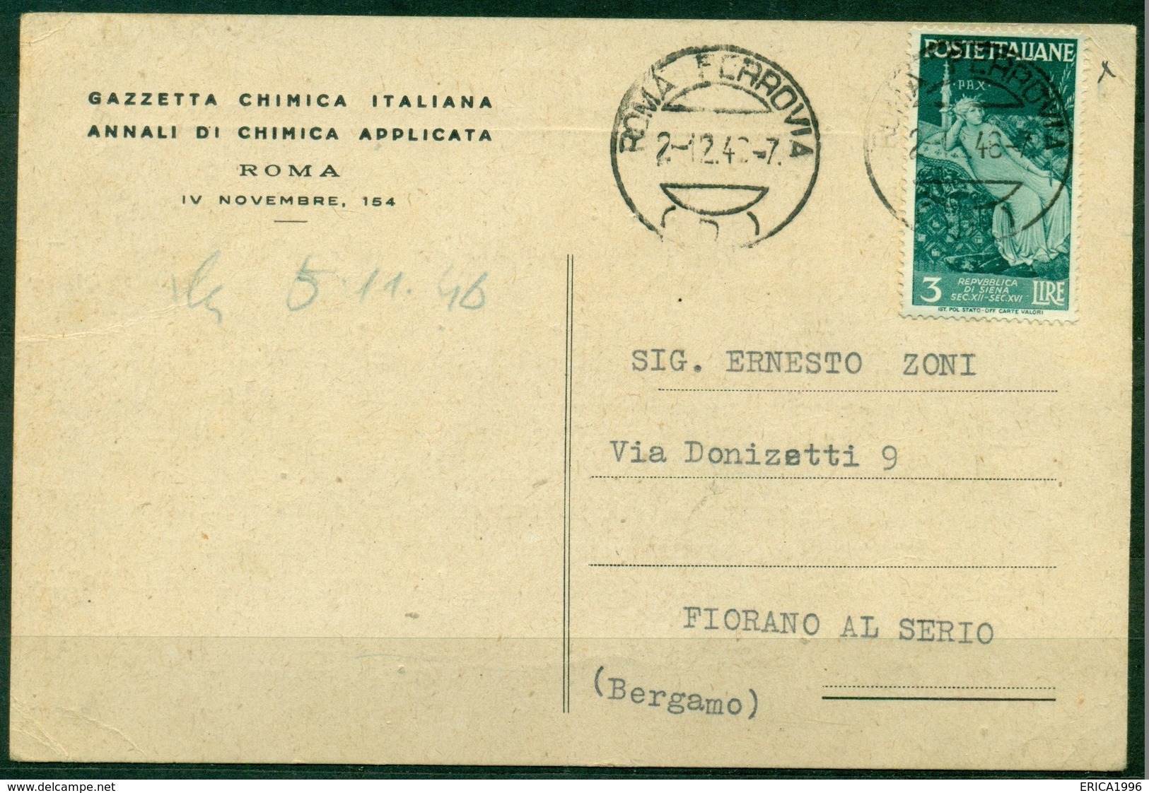 V9841 ITALIA REPUBBLICA 1946 Cartolina Commerciale Affrancata Con Repubbliche Marinare 3 L. ISOLATO, Da Roma 2.12.46 - 1946-60: Storia Postale