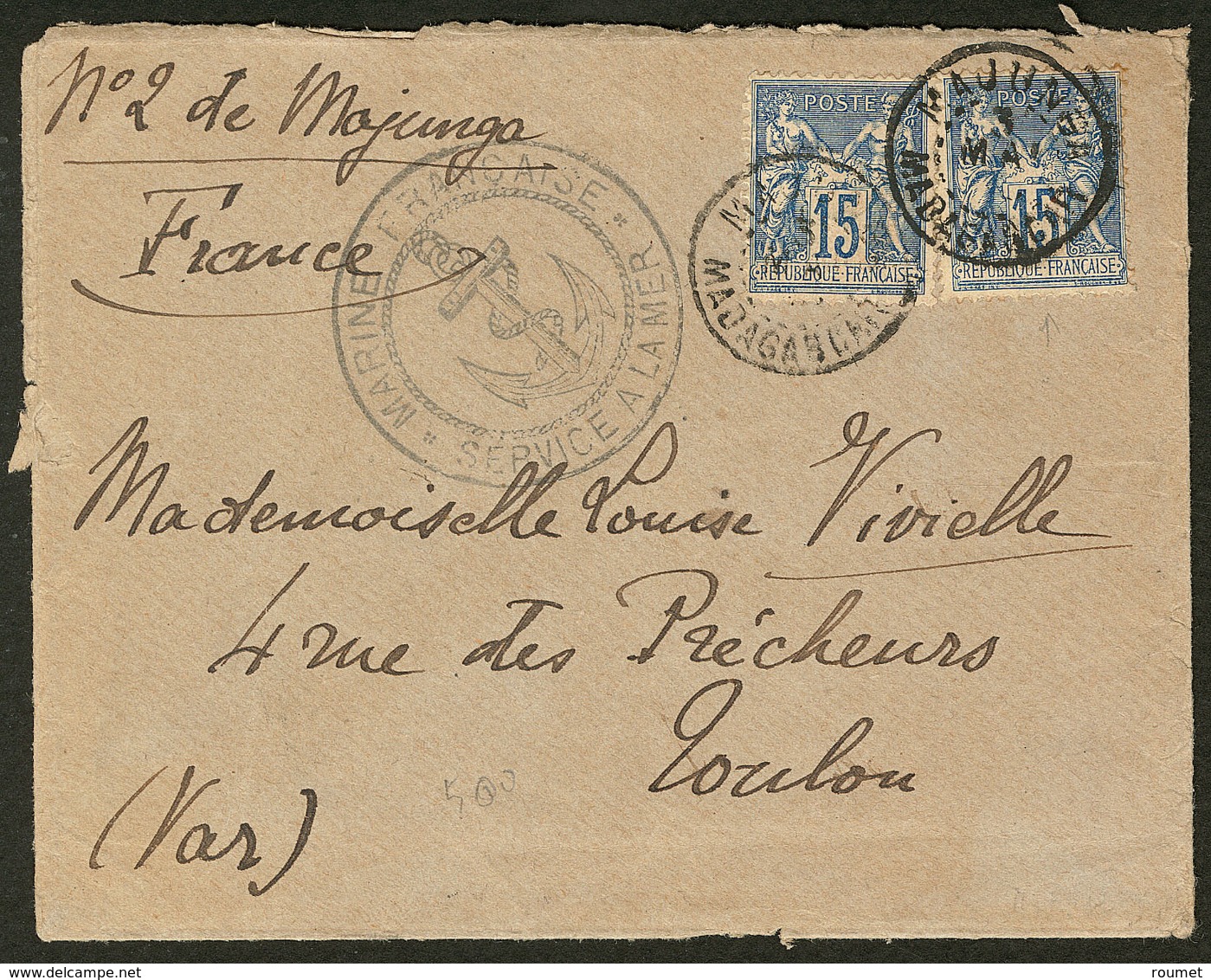 Lettre MAJUNGA. France No 90 (2) Obl Cad Majunga Mai 1898 Sur Enveloppe Avec Cachet Ancre, Pour Toulon. - TB - Other & Unclassified