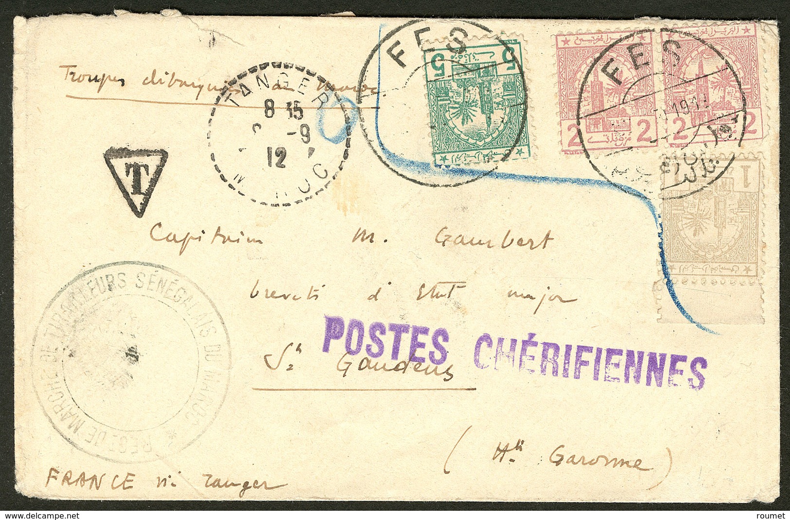 Lettre Postes Chérifiennes. Nos 1 + 2 Paire + 3, Obl Fès Sept 1912, Sur Enveloppe Via Tanger Pour La France. - TB - Locals & Carriers