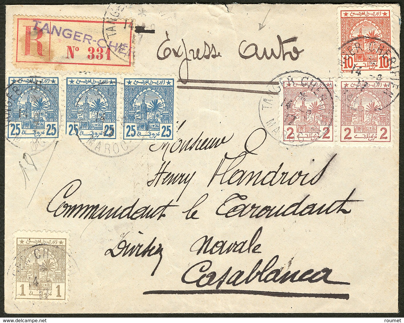 Lettre Postes Chérifiennes. Nos 1 + 2 Paire + 4 + 5 Bande De Trois, Sur Enveloppe Recommandée De Tanger Sept 1917 Pour C - Postes Locales & Chérifiennes