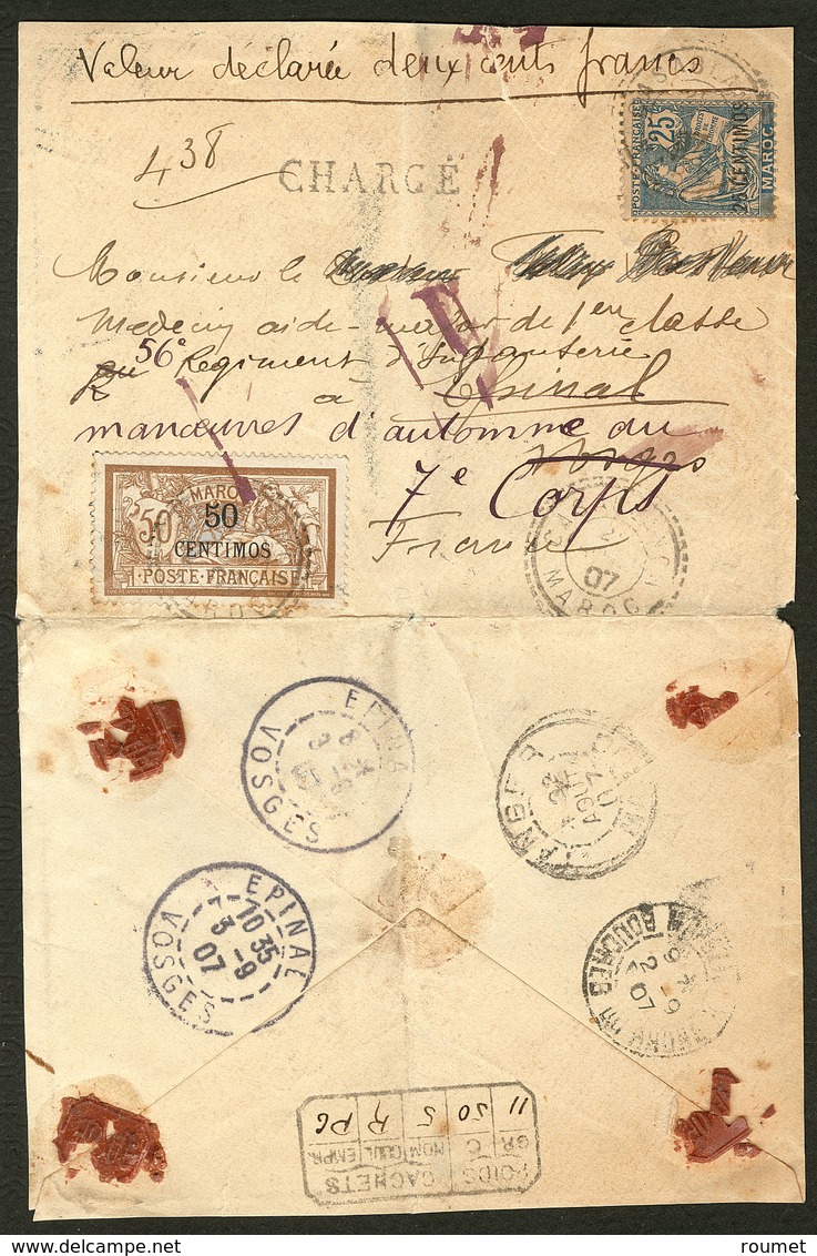 Lettre Nos 14 + 15, Obl Casablanca Août 1907 Sur Enveloppe Chargée Pour La France. - TB - Other & Unclassified