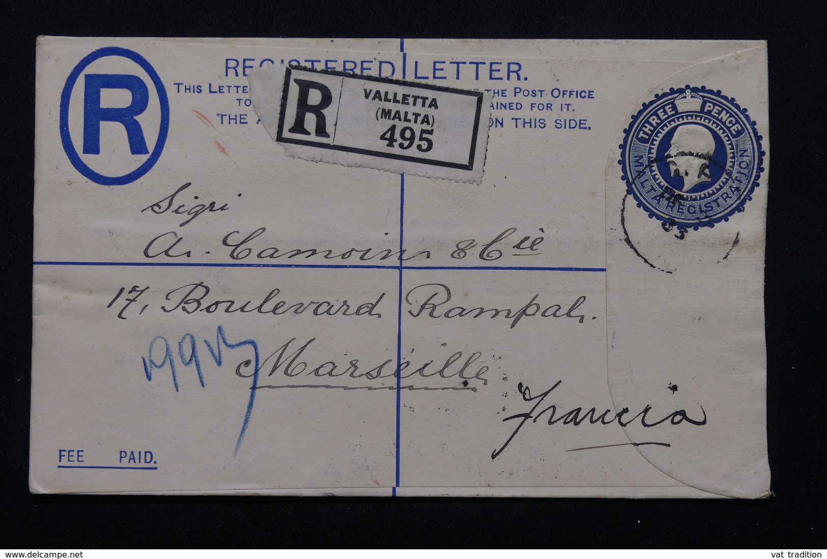 MALTE - Entier Postal + Complément Au Verso En Recommandé De Valletta Pour La France En 1933 - L 20881 - Malte