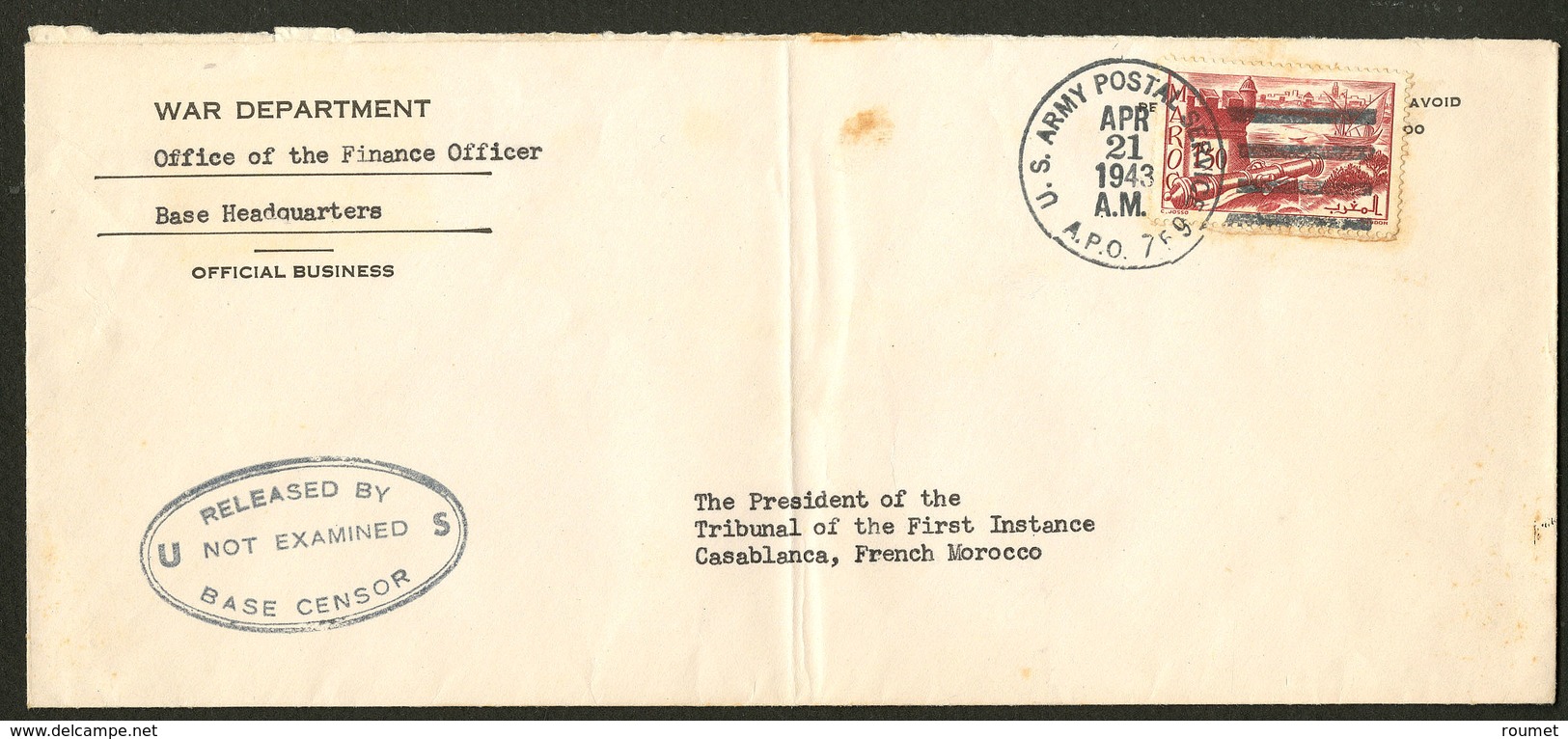 Lettre No 186, Obl Cad "US Army Postal Service" 21 Avril 43 Sur Grande Enveloppe Pour Casablanca. - TB - Other & Unclassified