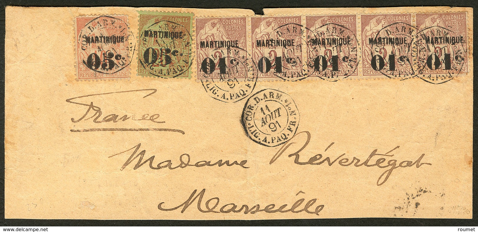 Nos 7 Bande De Cinq + 11 + 14, Obl Cad Octog. "Cor.d'arm.Lig.A" D'Août 91, Sur Grand Fragment De Lettre Pour Marseille.  - Autres & Non Classés