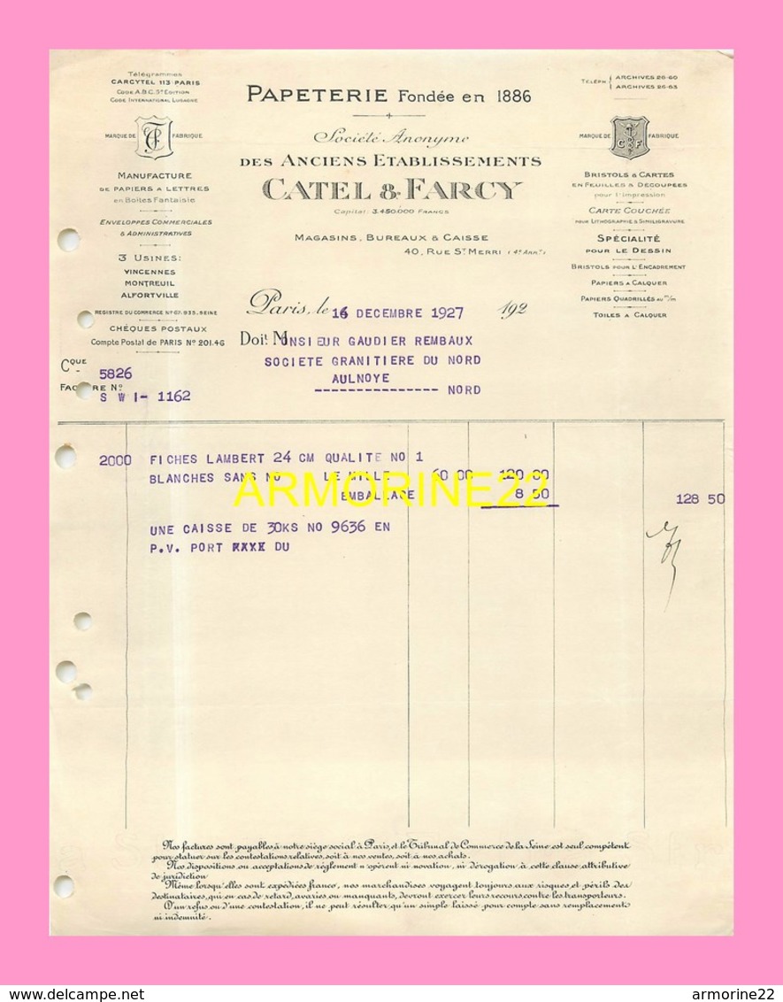 FACTURE  De CATEL Et FARCY  à PARIS  1927 - Autres & Non Classés