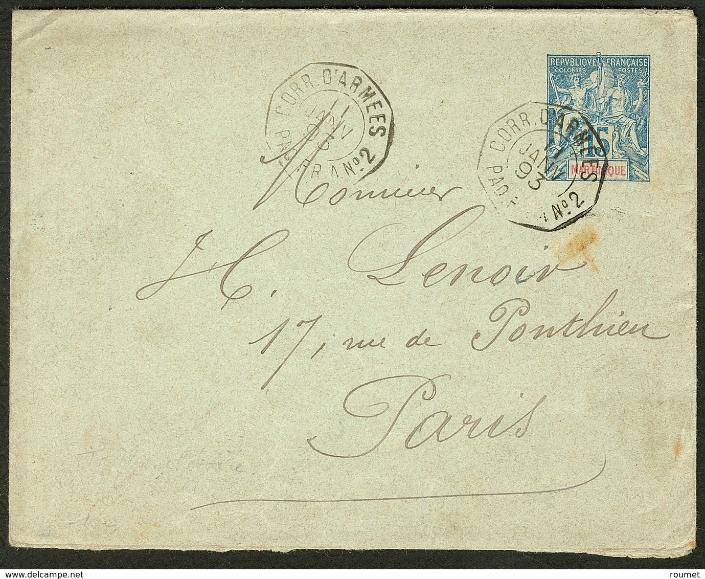 Lettre Enveloppe Entier 15c (N°36) Obl "Corr. D'armées Paq.Fr A N°2" De Janv 93. - TB - Other & Unclassified