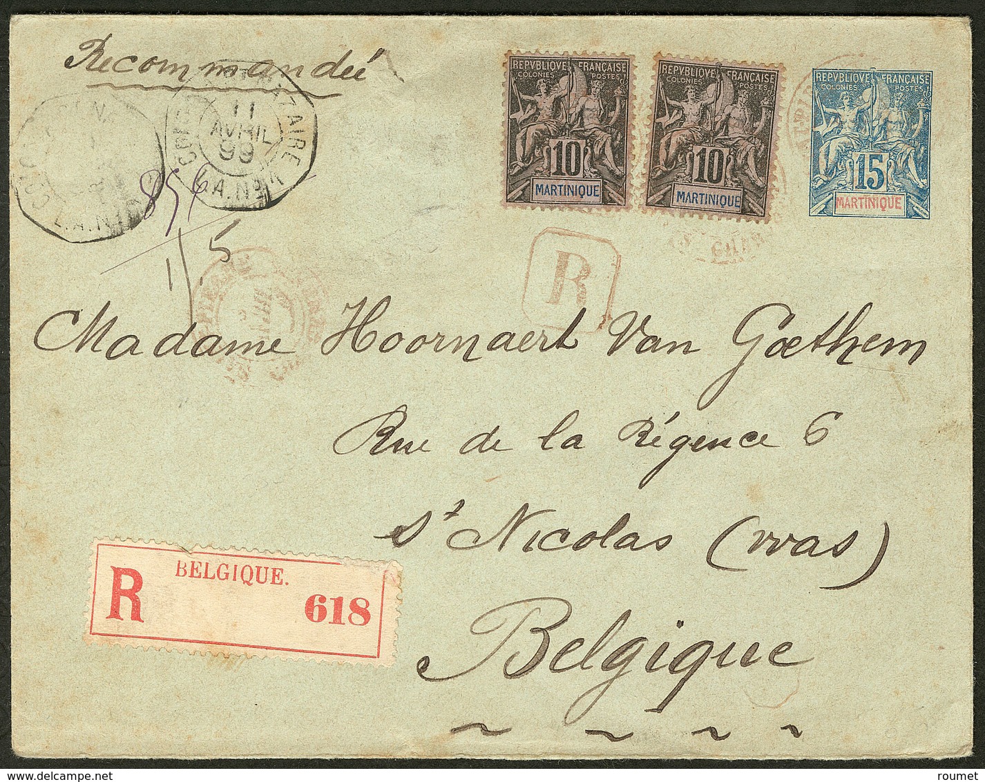 Lettre Enveloppe Entier 15c (N°36) + 35(2), Obl Cad Rouge St Pierre Chargements, Recomm. Pour La Belgique. - TB - Autres & Non Classés