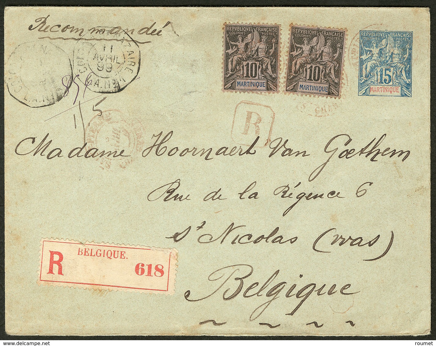 Lettre Enveloppe Entier 15c (N°36) + 35(2), Obl Cad Rouge St Pierre Chargements, Recomm. Pour La Belgique. - TB - Other & Unclassified