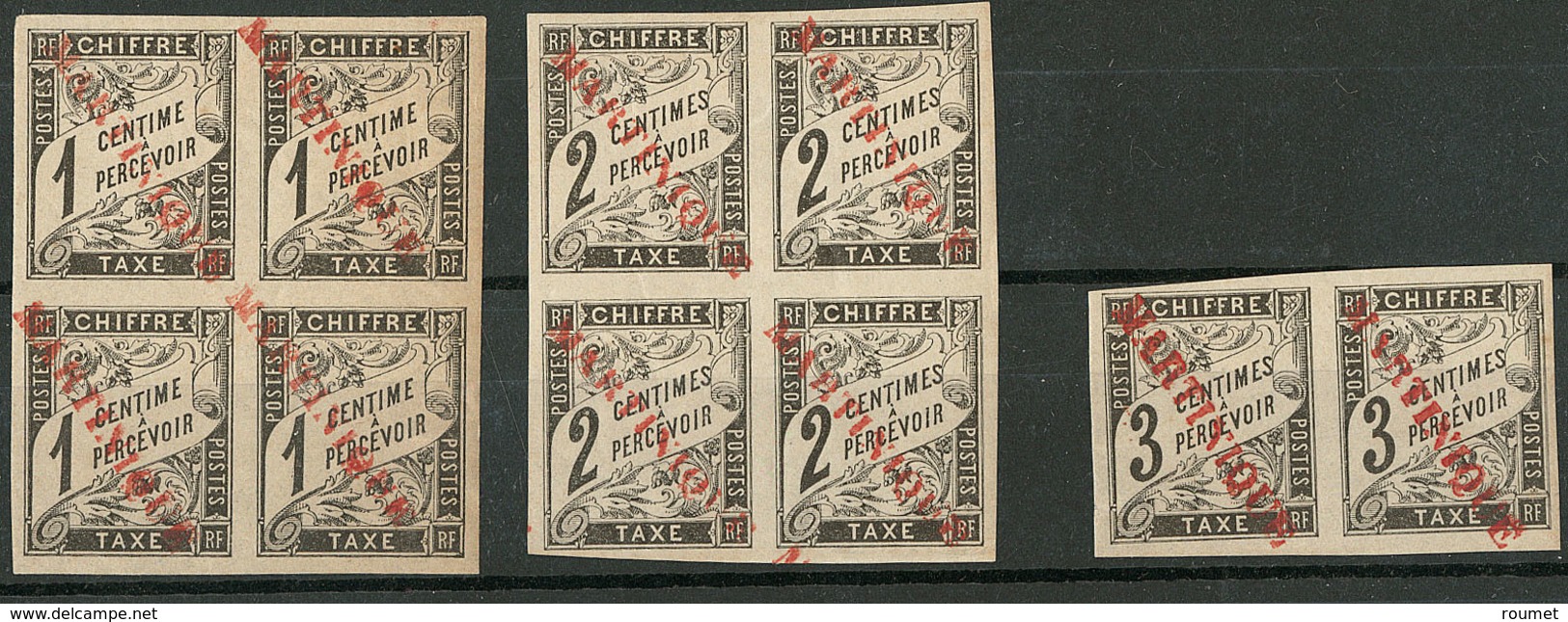 ** Taxe. Essai De Surcharge "Martinique" Rouge. 1c Bloc De Quatre (2 Ex *), 2c Bloc De Quatre (2 Ex *) Et 3c Paire. - TB - Other & Unclassified