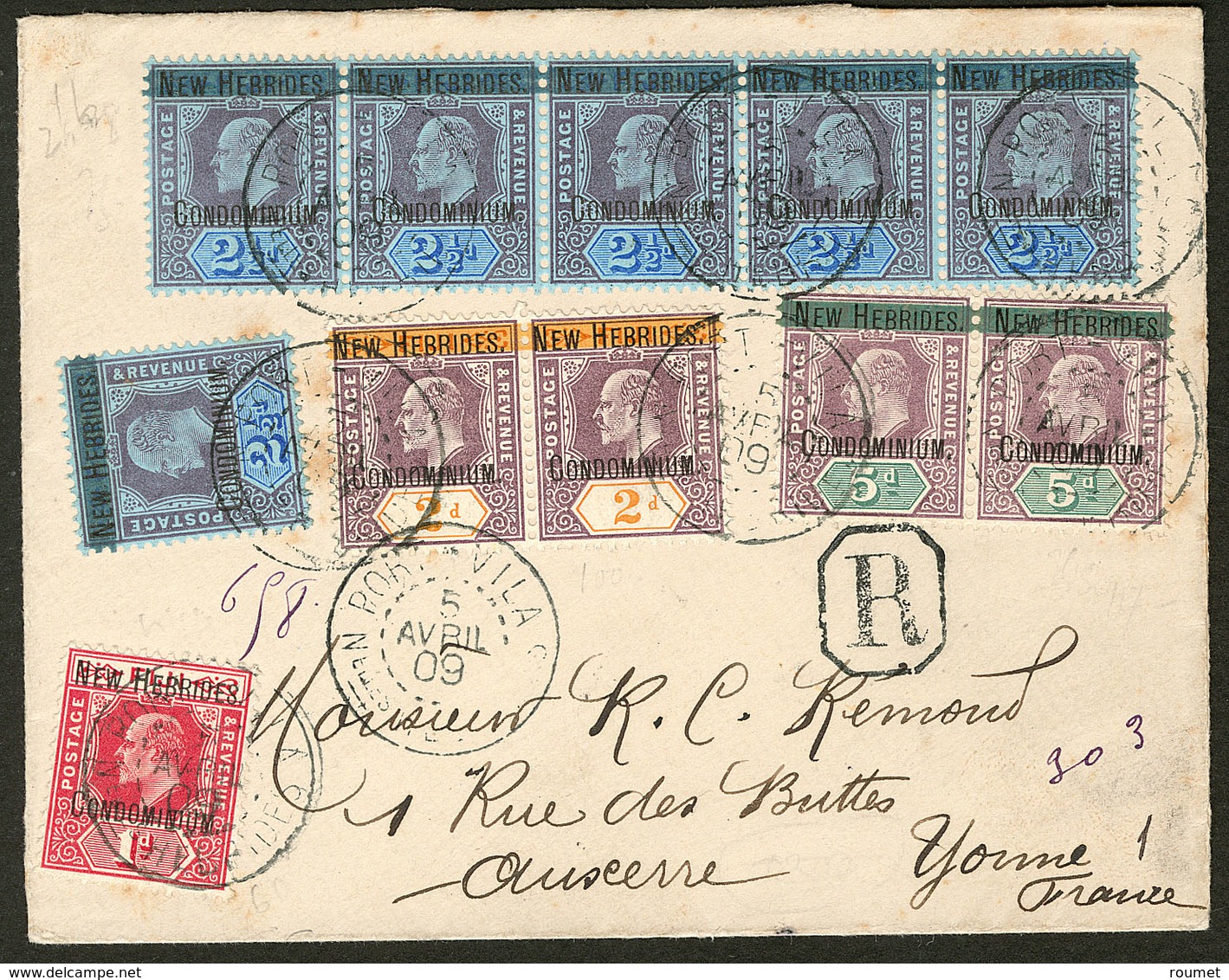 Lettre Nos 7 Paire + 8 (bande De Cinq + Un) + 9 Paire + 13, Obl Port Vila Avril 1909 Sur Enveloppe Recommandée Pour La F - Autres & Non Classés