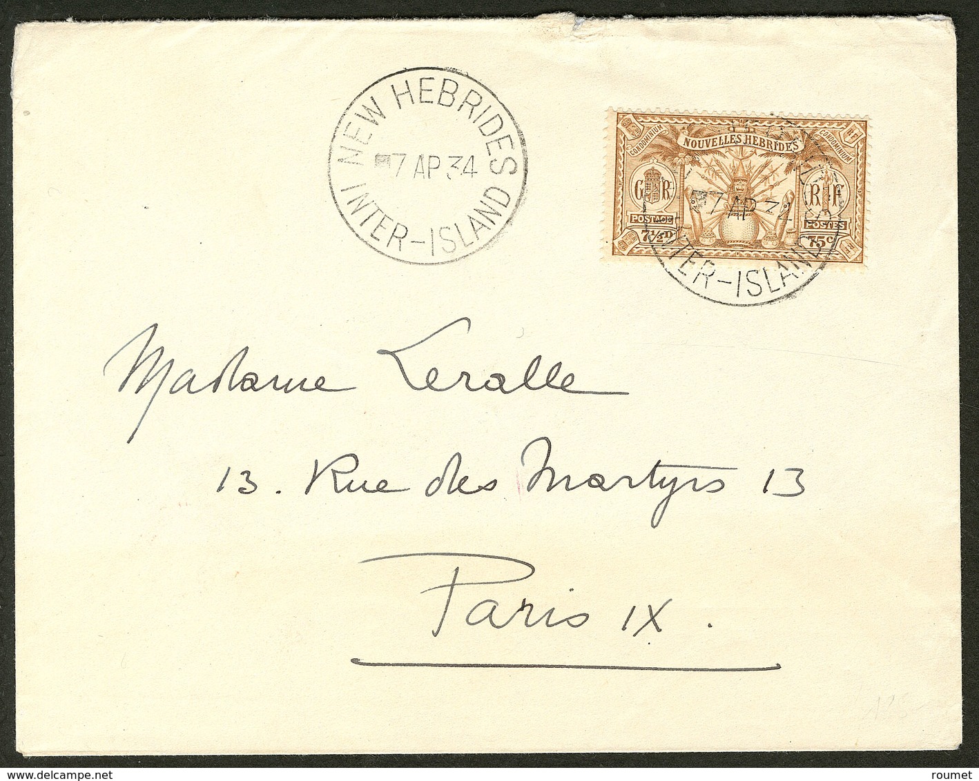 Lettre No 45, Obl Cad Inter Island Avril 34 Sur Enveloppe Pour La France. - TB - Autres & Non Classés