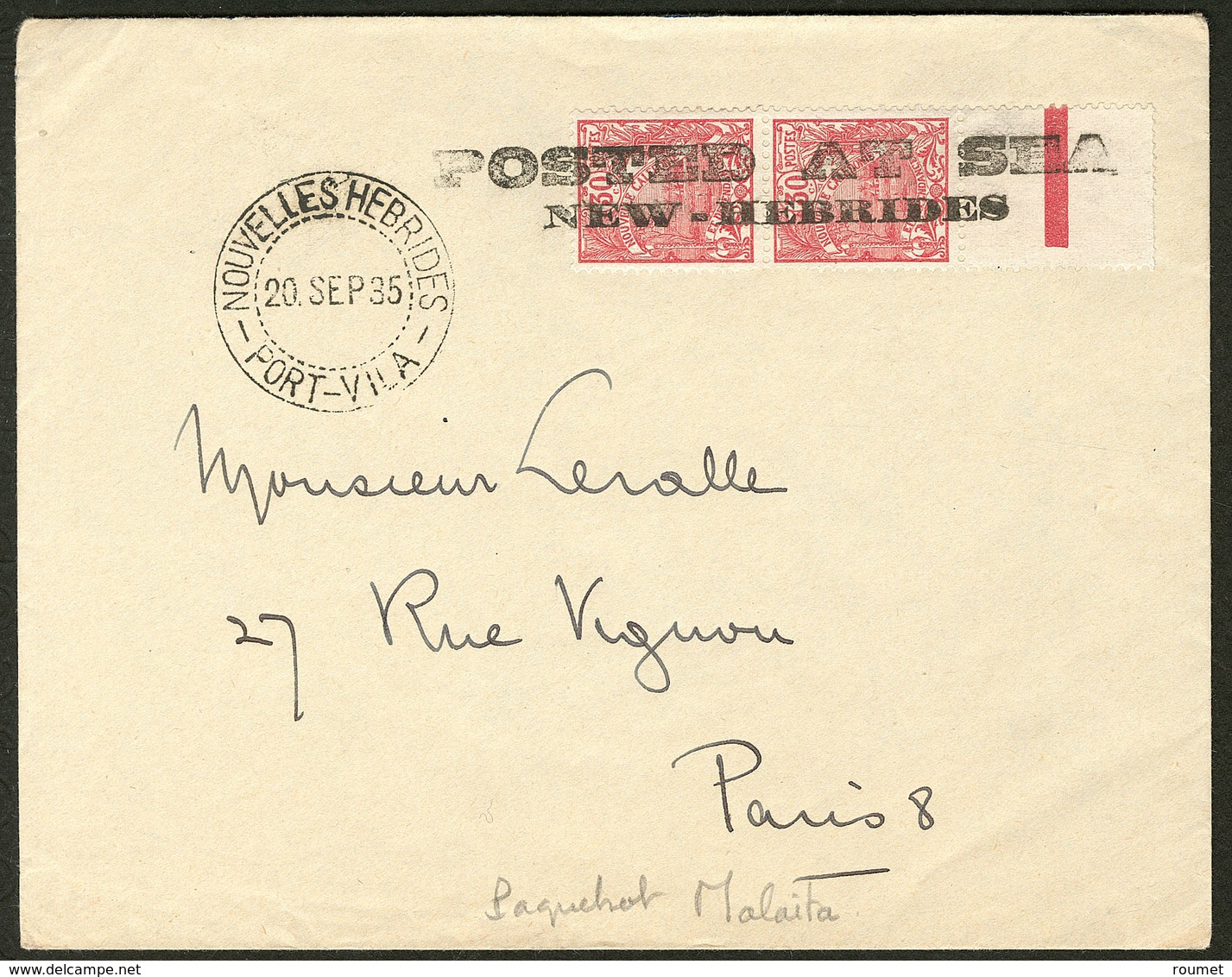 Lettre No 118, Paire Verticale Obl Griffe "POSTED AT SEA/NEW-HEBRIDES", Sur Enveloppe Avec Cad Port Vila Sept 35. - TB - Other & Unclassified