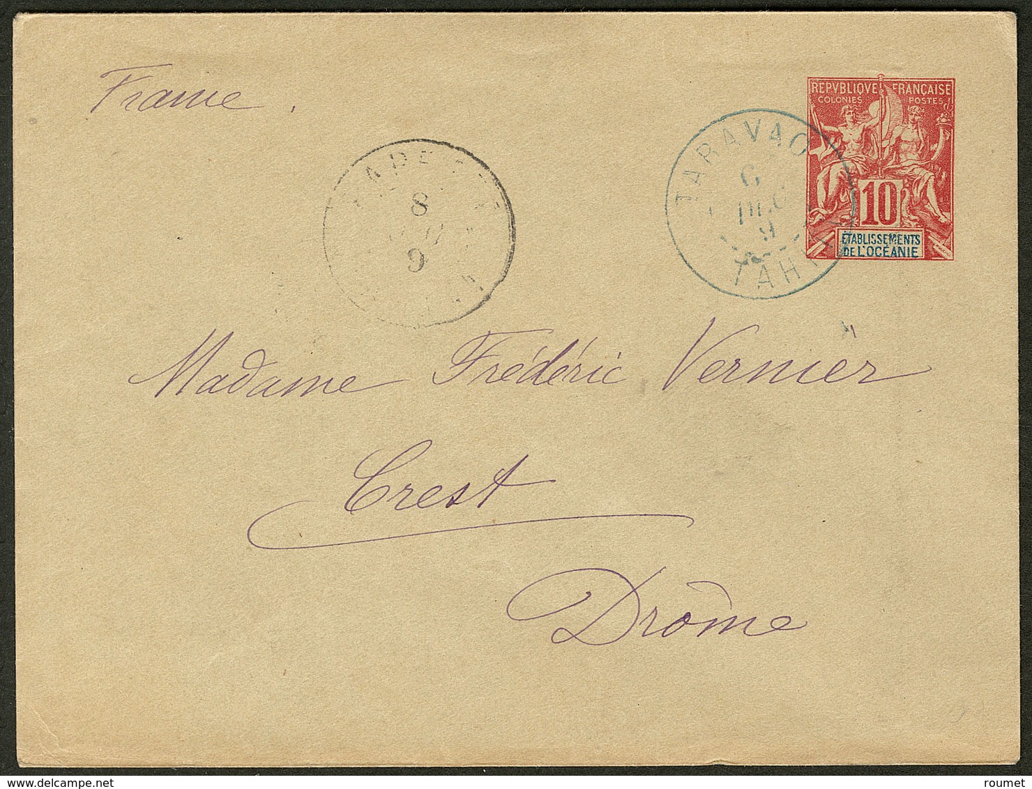 Lettre Enveloppe Entier 10c (N°15), Obl Cad Bleu Taravao Déc 1909, Pour La France. - TB - Autres & Non Classés