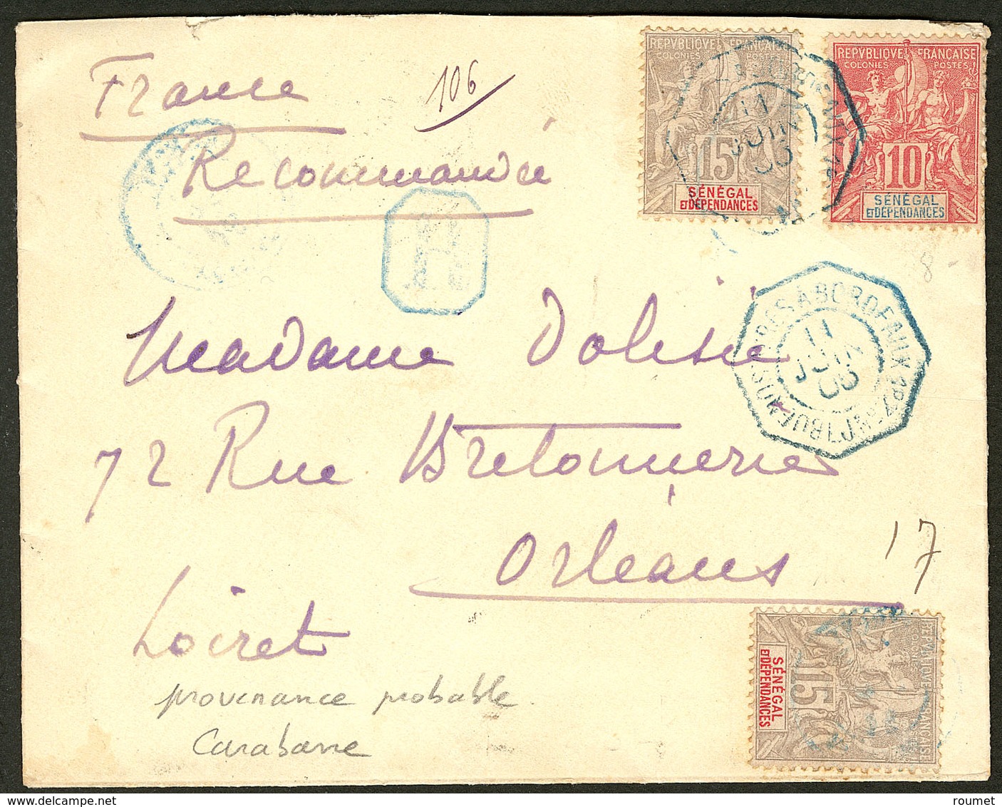 Lettre Nos 22 + 23 (2), Obl Cad Octog. Buenos Aires à Bordeaux Juin 1905 Sur Enveloppe Recomm. Pour Orléans. - TB - Otros & Sin Clasificación