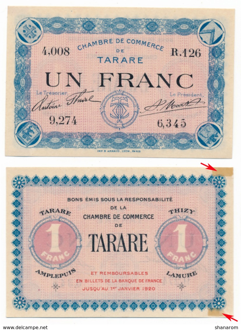 1914-1918 // C.D.C. // TARARE // Remboursable Avant 1erJanvier 1920 // Sans Filigrane // 1 Franc - Chamber Of Commerce