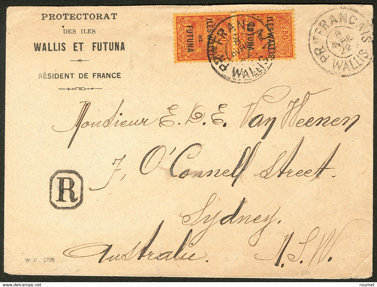 Lettre No 13 Paire Verticale, Obl Grand Cachet "PRat Français Wallis" Avril 1922, Sur Enveloppe Recomm. Pour Sydney. - T - Autres & Non Classés