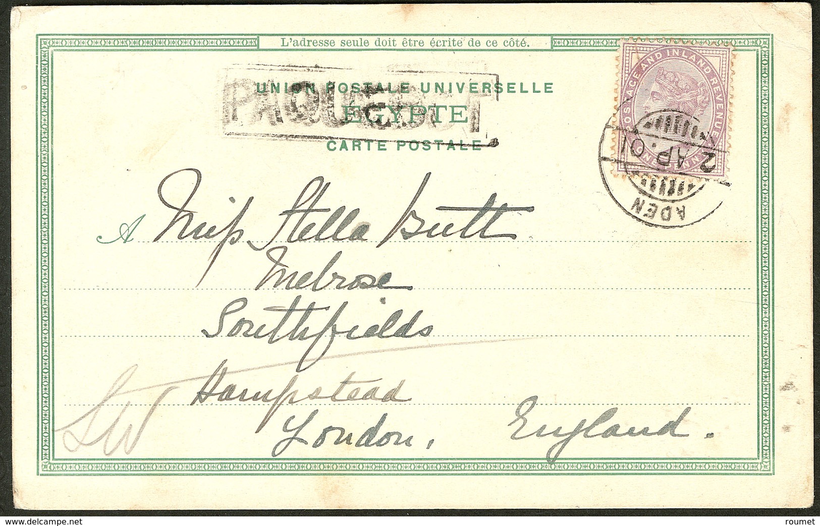 Lettre ADEN. CP Afft GB N°73 Obl Cad Aden 2 Avril 1901, Avec Griffe "PAQUEBOT", Pour Londres. - TB - Aden (1854-1963)