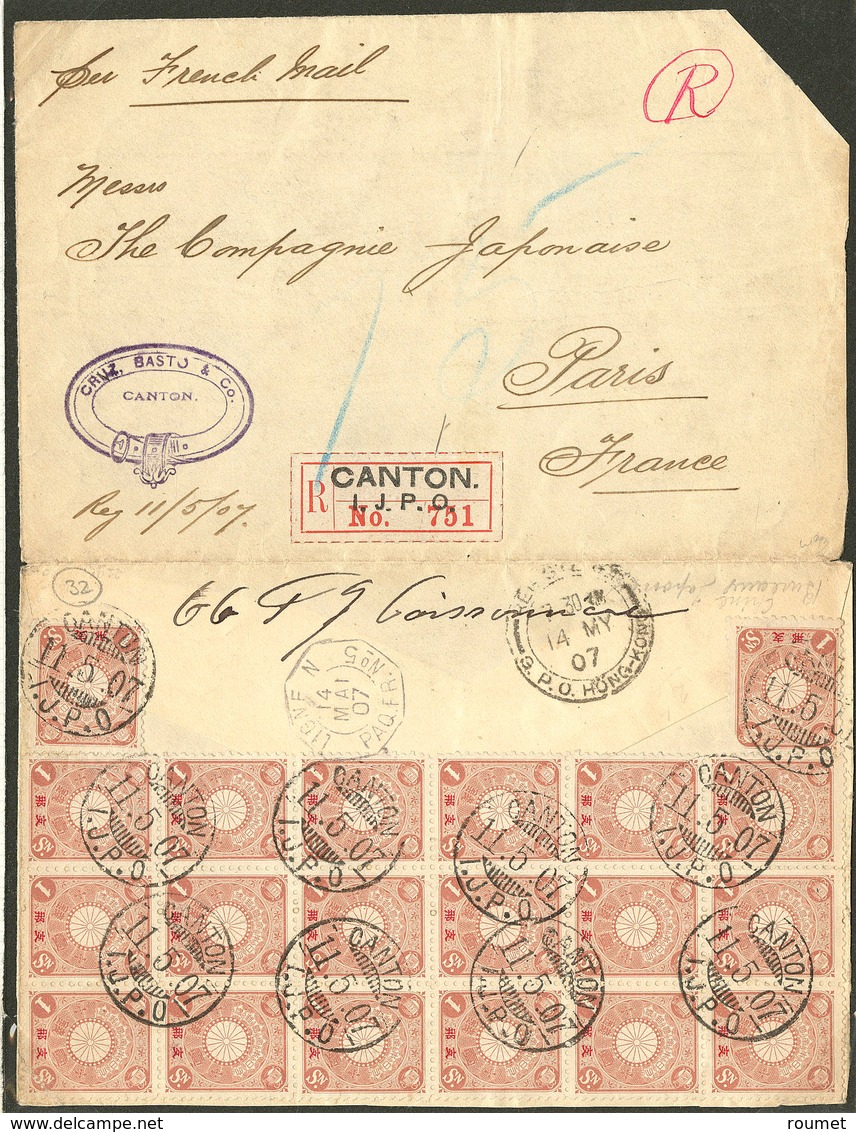Lettre Bureaux Japonais. No 3 (bloc De Dix Huit + Deux), Sur Enveloppe Recomm.de Canton 1907 Pour Paris. - TB. - R - 1941-45 Noord-China