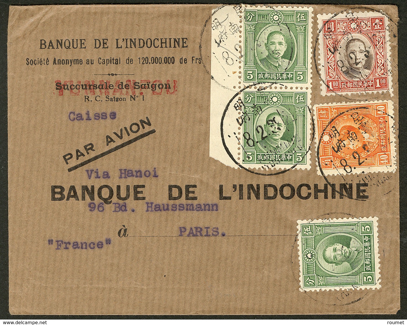 Lettre Enveloppe De La Banque D'Indochine Succursale Yunnanfou Pour Paris, Afft Chine Divers. - TB - Autres & Non Classés