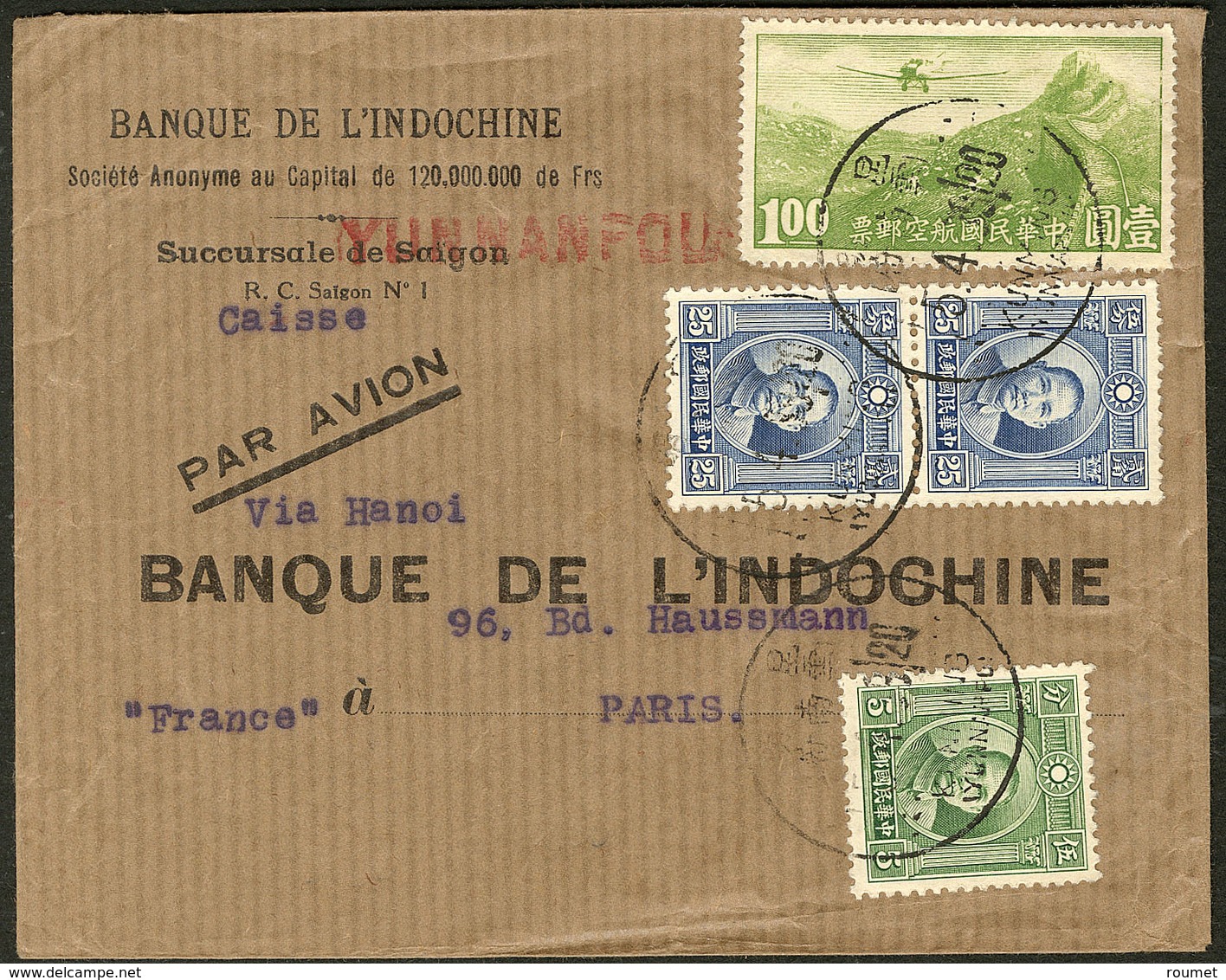 Lettre Enveloppe De La Banque D'Indochine Succursale Yunnanfou, Afft Divers Chine. - TB - Andere & Zonder Classificatie