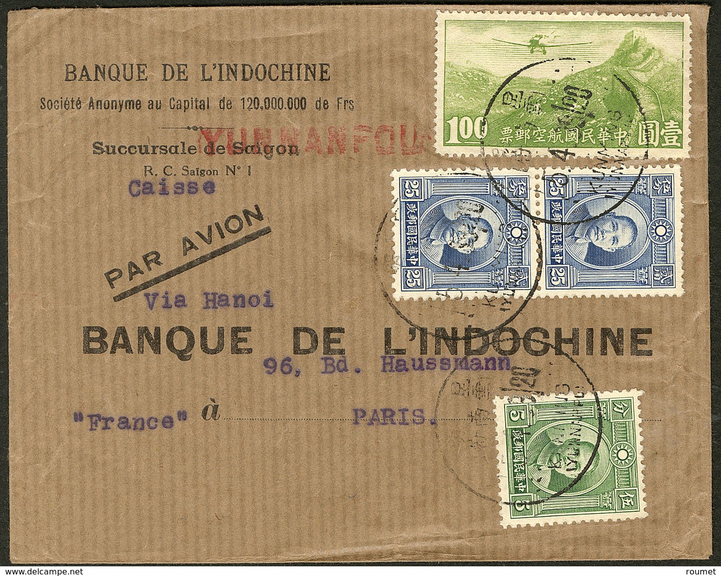 Lettre Enveloppe De La Banque D'Indochine Succursale Yunnanfou, Afft Divers Chine. - TB - Other & Unclassified