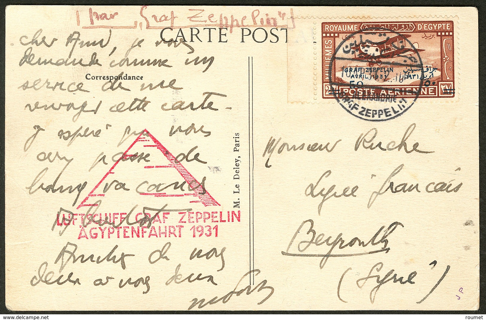 Lettre EGYPTE. Poste Aérienne. No 2, Sur CP Zeppelin Avec CS 1931, Pour Beyrouth. - TB - Autres & Non Classés