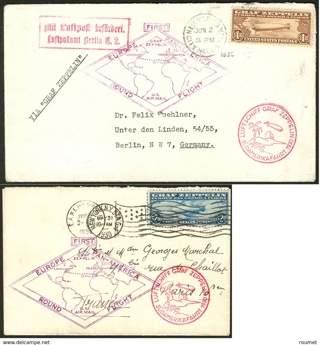 Lettre ETATS-UNIS. Poste Aérienne. Nos 14, 15, Sur Deux Enveloppes Zeppelin Avec CS 1930. - TB - Andere & Zonder Classificatie