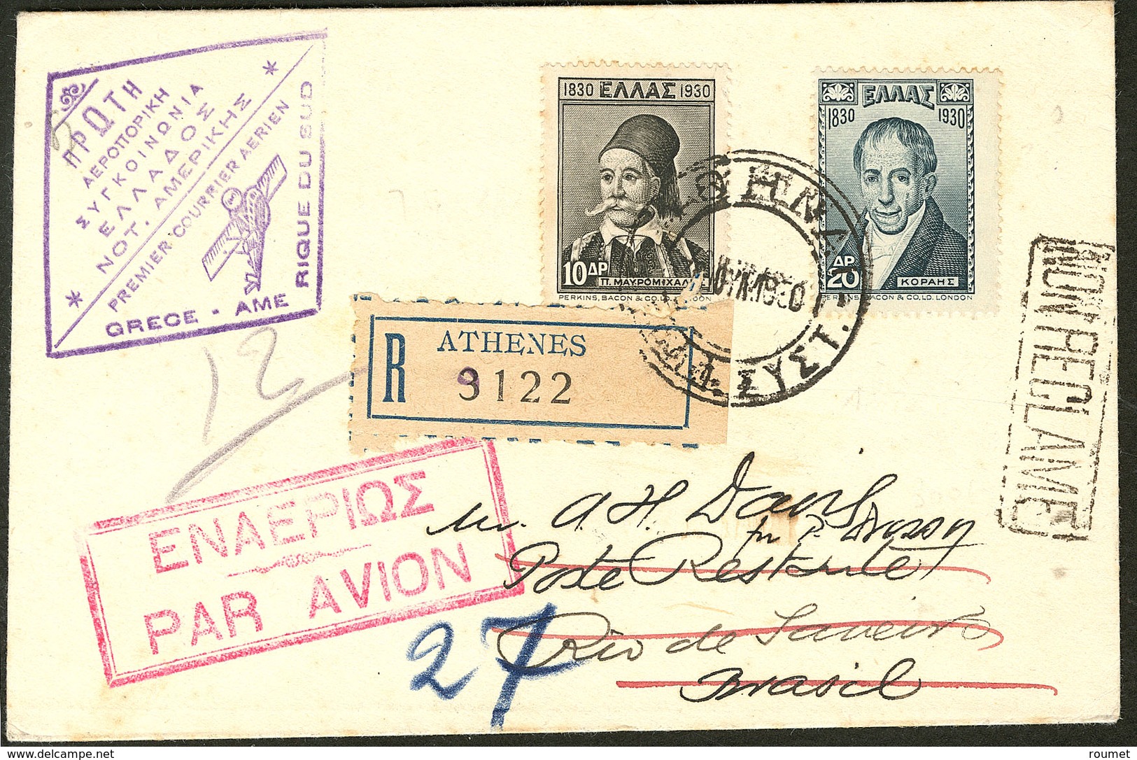 Lettre GRECE. Poste Aérienne. 1er Courrier Aérien Grèce-Amérique Du Sud 11 Août 1930. Poste 388 + 390 Sur Enveloppe Reco - Andere & Zonder Classificatie