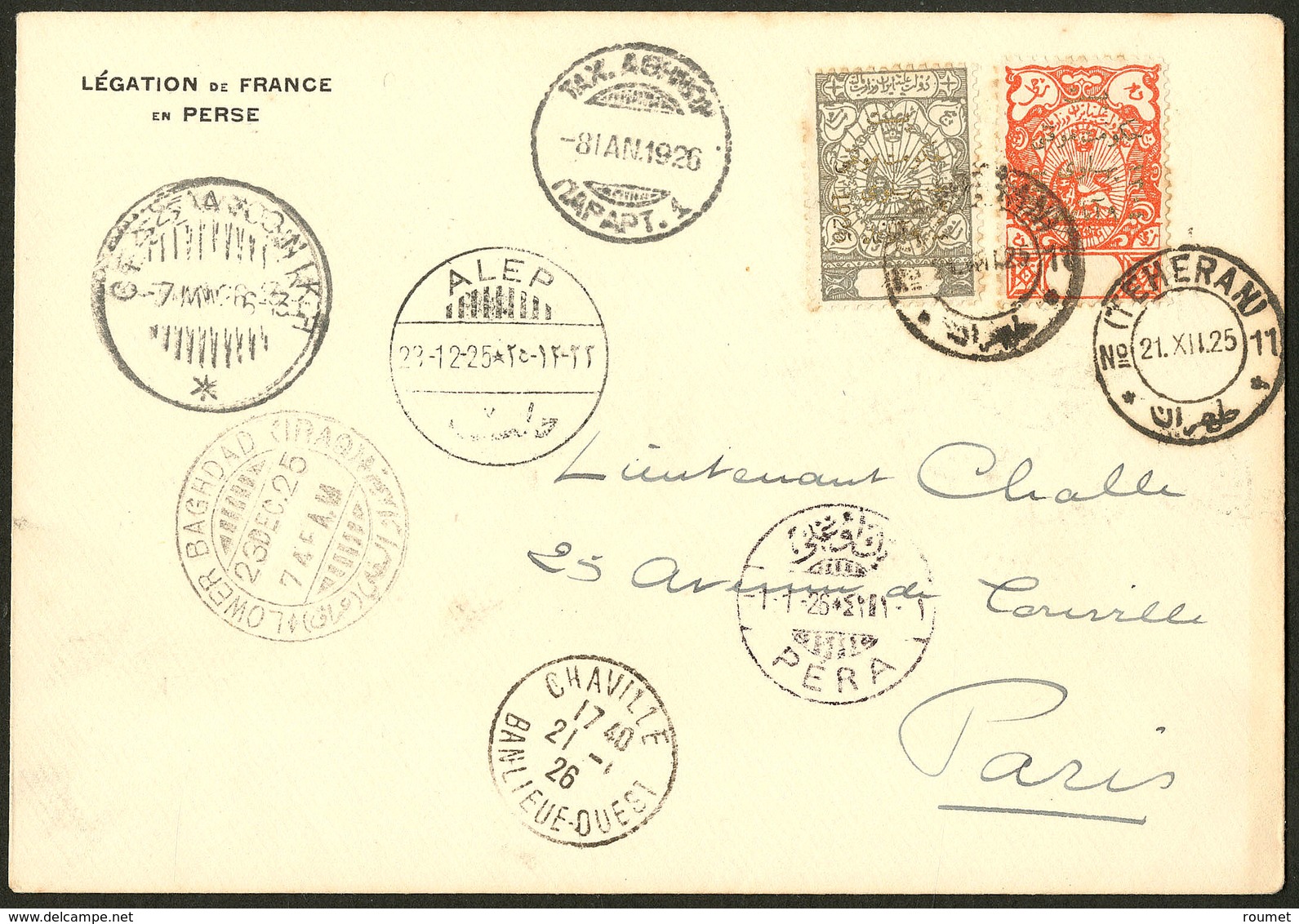 Lettre IRAN. Poste Aérienne. Raid Téhéran-Paris 22 Dec 1925. Poste 487 + 488 Sur Enveloppe à En Tête Légation De France  - Iran