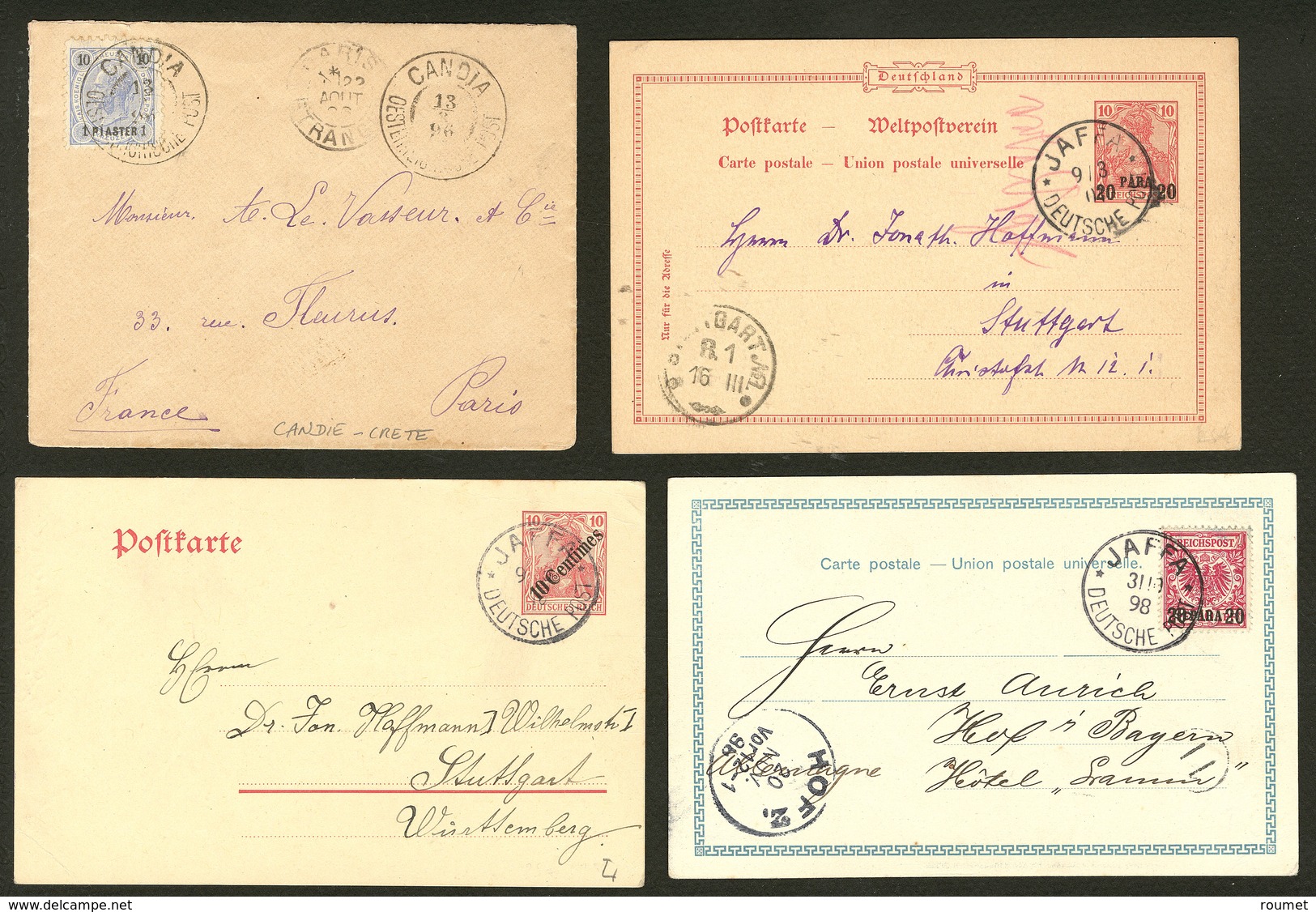 Lettre LEVANT. Bureaux Allemands. 3 CP Entier 1896-1910 Obl Cad Jaffa Et Bureau Autrichien 23 Obl Candia Sur Enveloppe.  - Turchia (uffici)