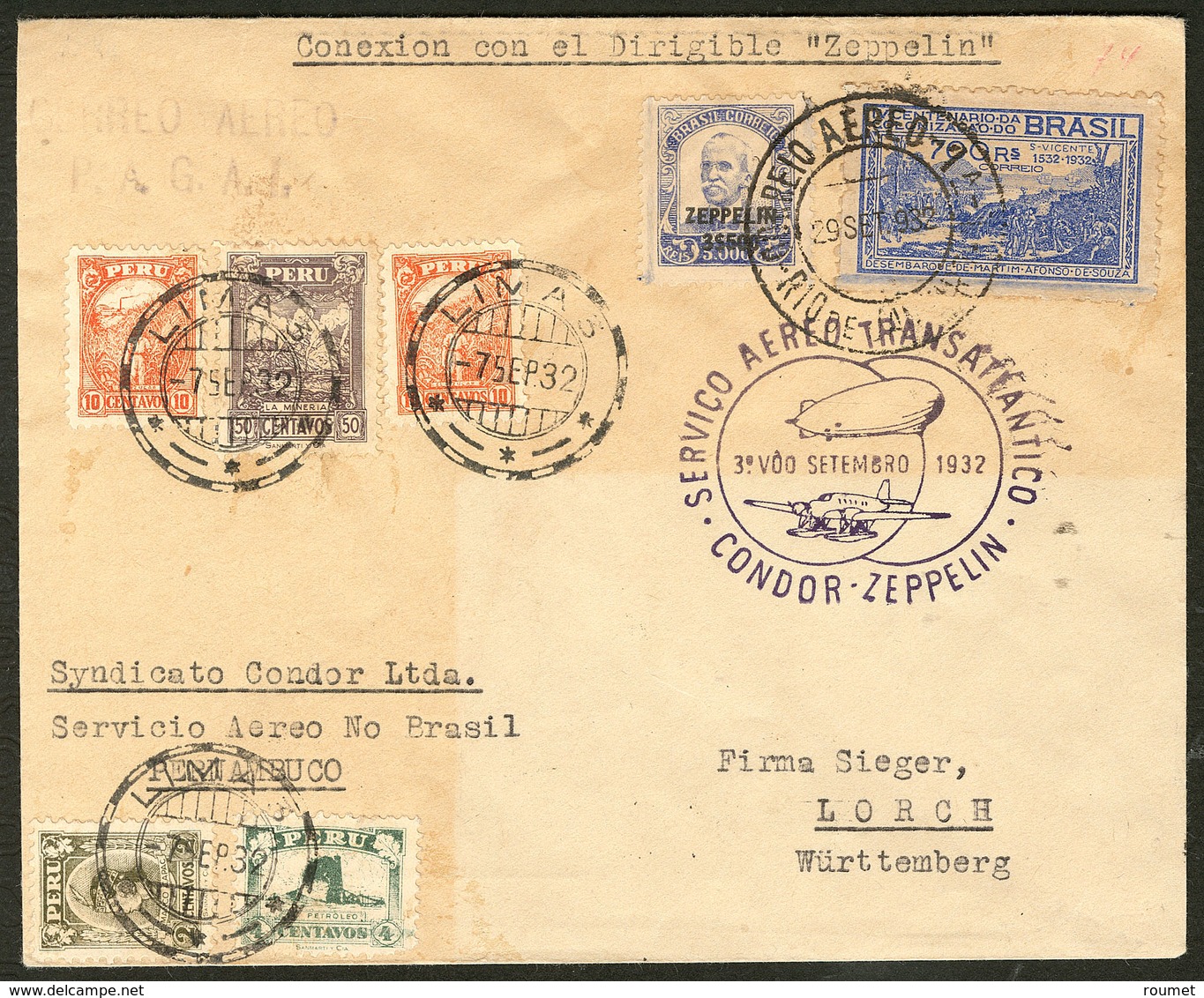 Lettre PEROU. Poste Aérienne. Zeppelin. Poste 259 + 259A + 260 + 263 (2) Obl Lima 7.9.32 Sur Enveloppe Avec Afft Brésil  - Perù