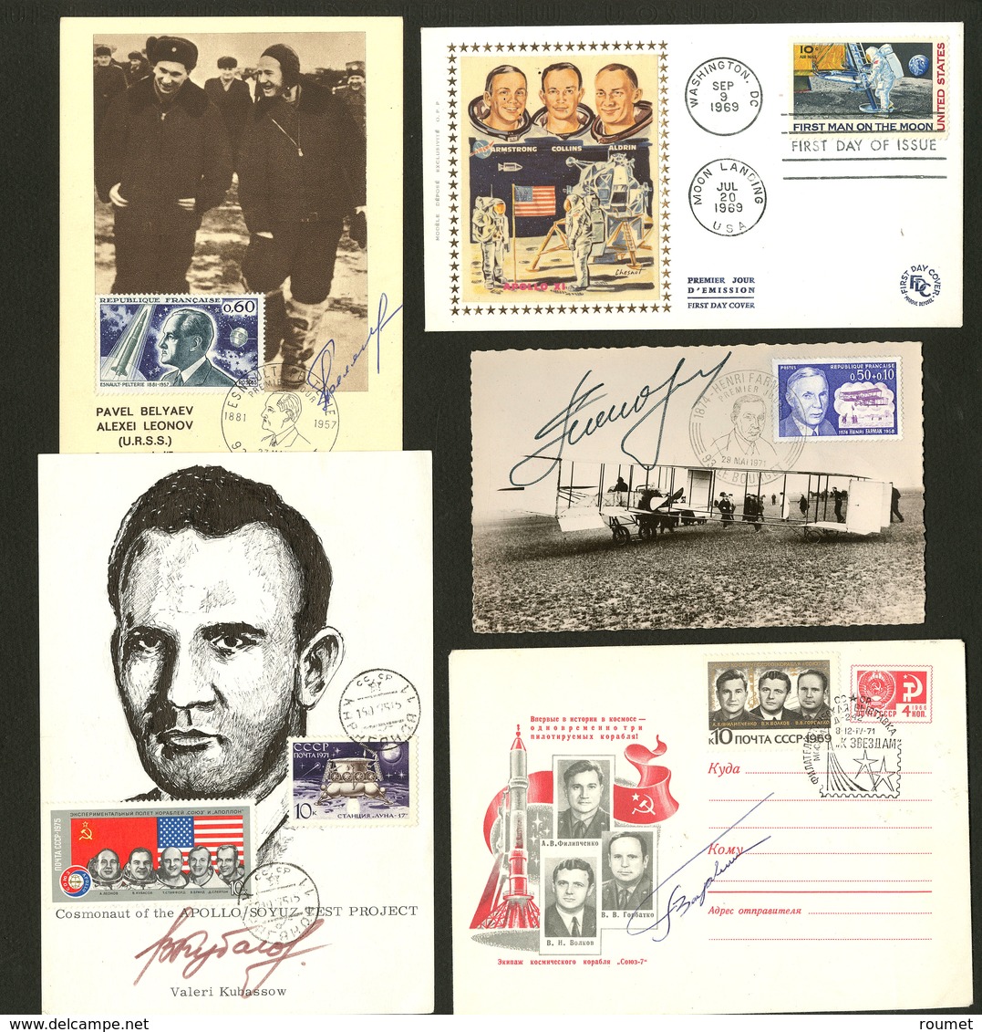 Lettre Conquête De L'Espace. 1965-1970, Photos, Cartes Illustrées, EP, 20 Ex Tous Avec Autographes Dont Gagarine, 1 Croq - Verzamelingen (in Albums)