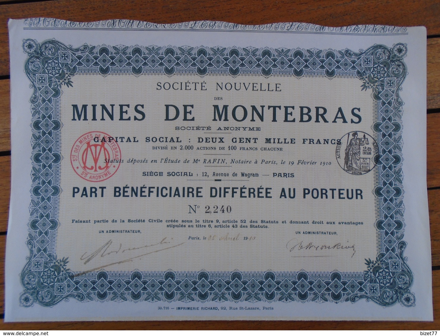 NOUVEAU - FRANCE - CREUSE - MINES DE MONTEBRAS : MINE D'ETAIN - PART BENEFICIAIRE DIFFEREE - PARIS 1910 - Autres & Non Classés