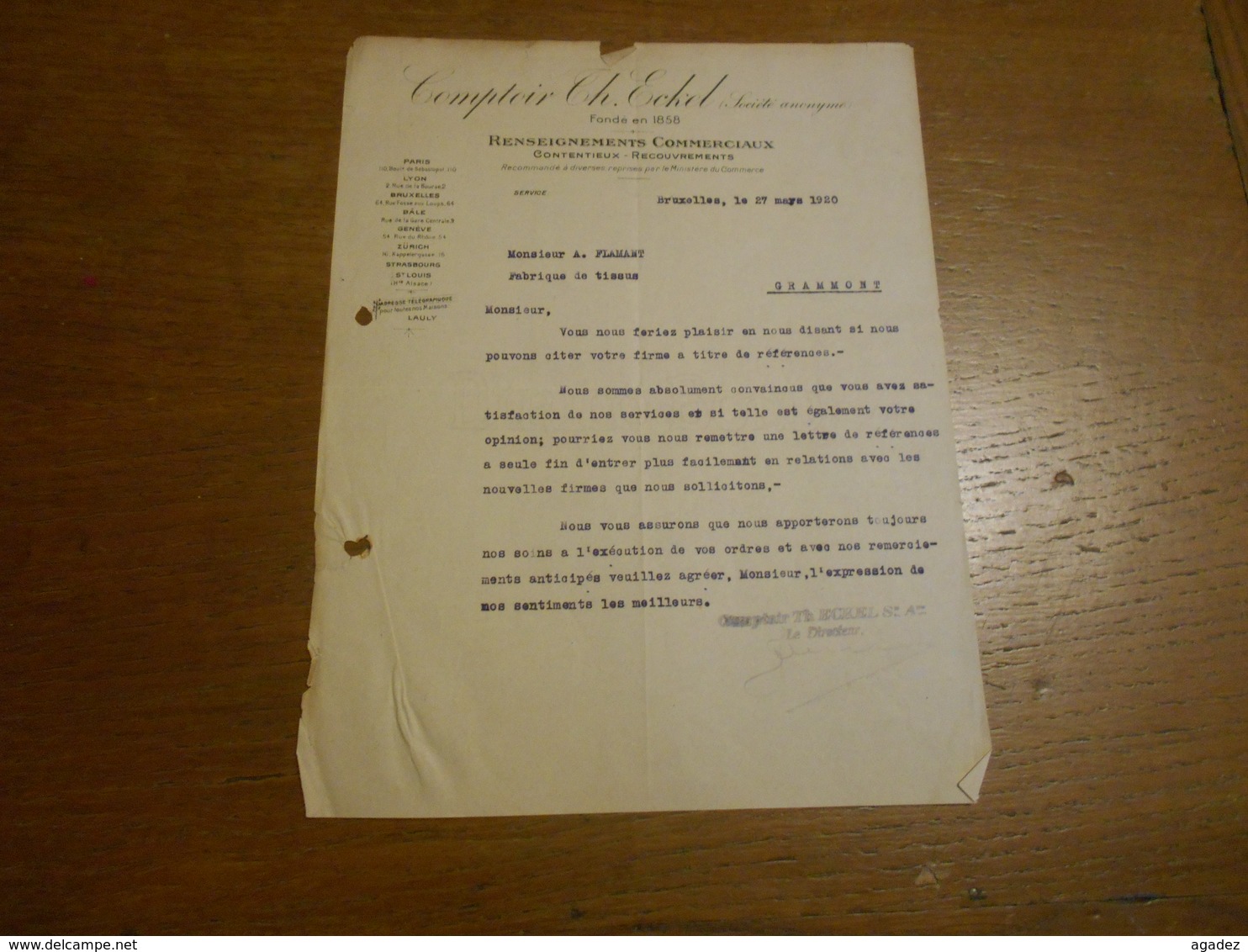 Ancienne Lettre "Comptoir Ch.Eckel "   Bruxelles 1920 Renseignements Commerciaux,contentieux ,recouvrement - Banque & Assurance